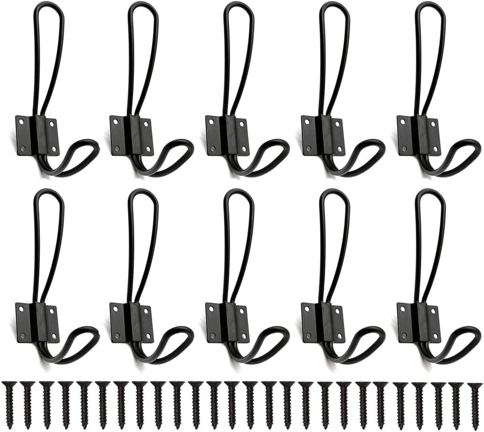 Crochet mural double style ferme en acier et fer, noir, vis incluses, lot de 12