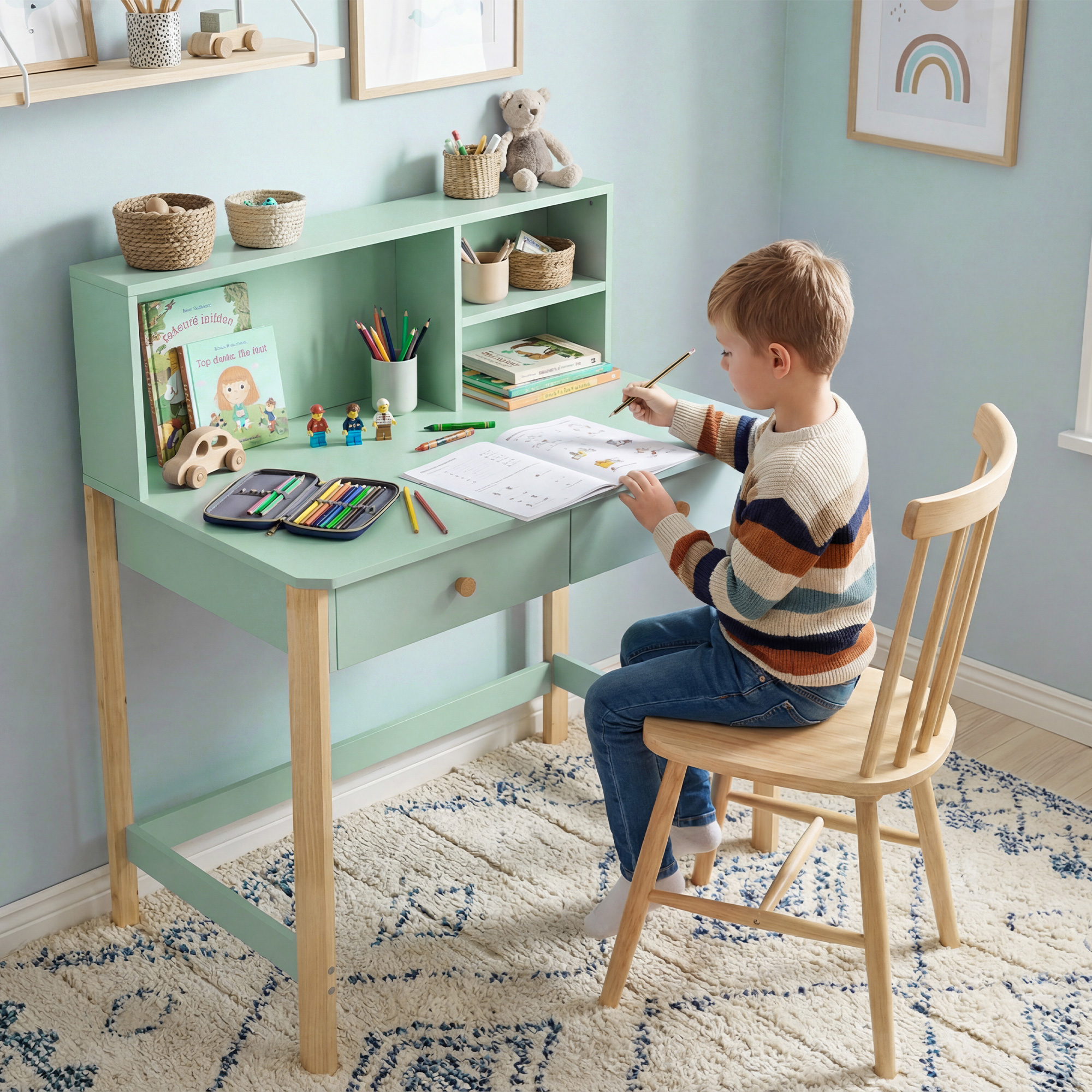 Bureau Pour Enfants De 5 À 12 Ans Avec 3 Étagères Et 2 Tiroirs