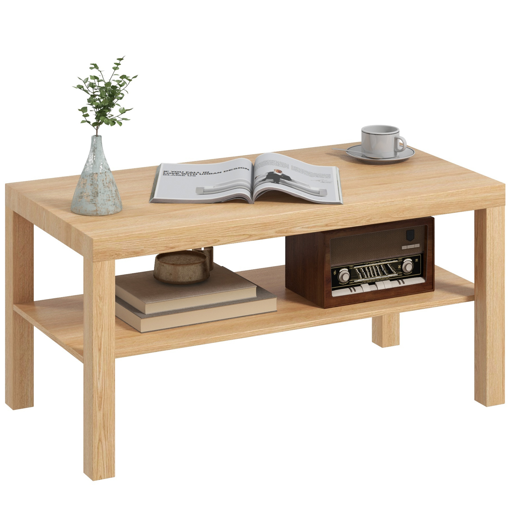 Table Basse Rectangulaire Moderne Avec Étagère 90x45 Cm Bois Naturel