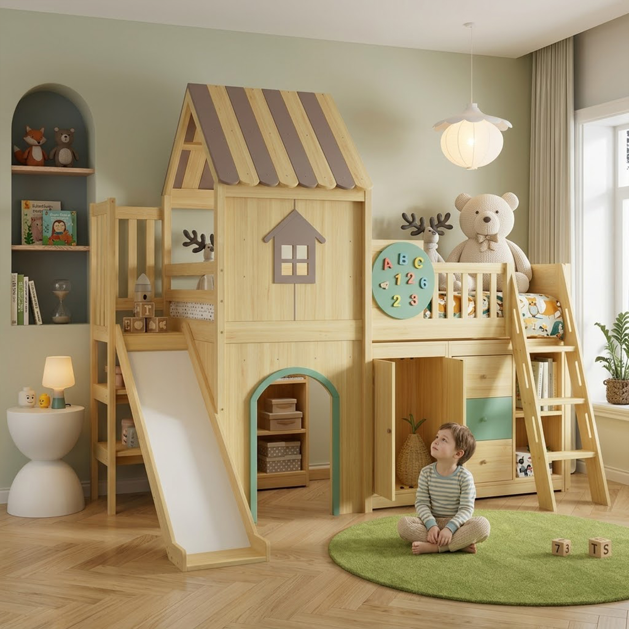 Lit Mezzanine Avec Toboggan 90x200 Cm Pour Enfant