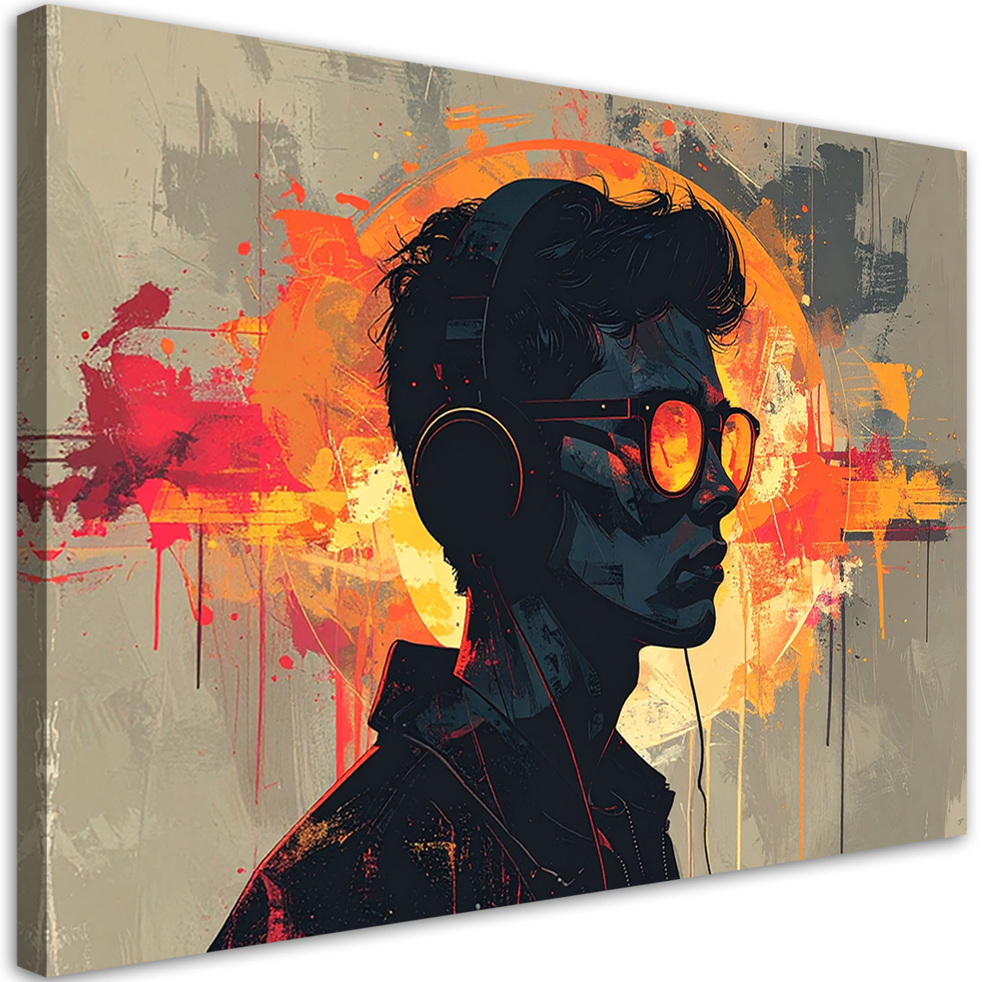 Stampe Su Tela Ragazzo Con Le Cuffie E Un'aureola Infuocata Sullo Sfondo 45x30