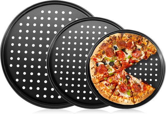 Set Di Tre Teglie Per Pizza - Teglia Per Pizza Forata Adatta Al Forno - Rotonda - Acciaio Al Carbonio Antiaderente - Fondo Croccante - Set Di Teglie Per Pizza (nero)