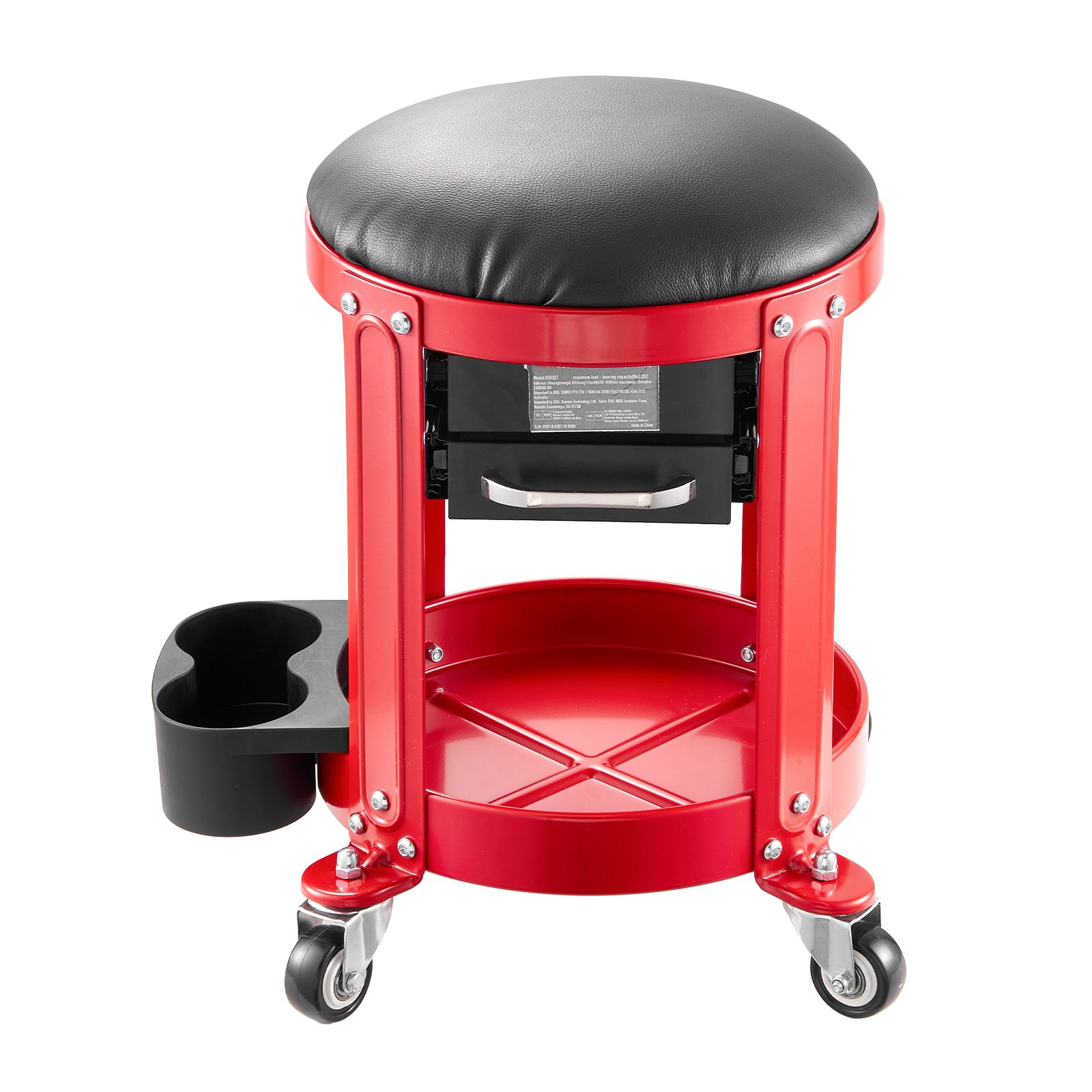 Tabouret roulant de mécanicien avec 2 tiroirs et plateau à outils, charge 300 lbs, rouge et noir