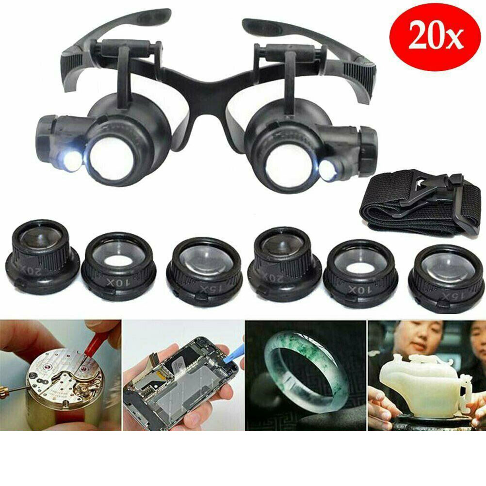 Loupe frontale binoculaire avec éclairage LED, 4 paires de lentilles interchangeables 10x à 25x