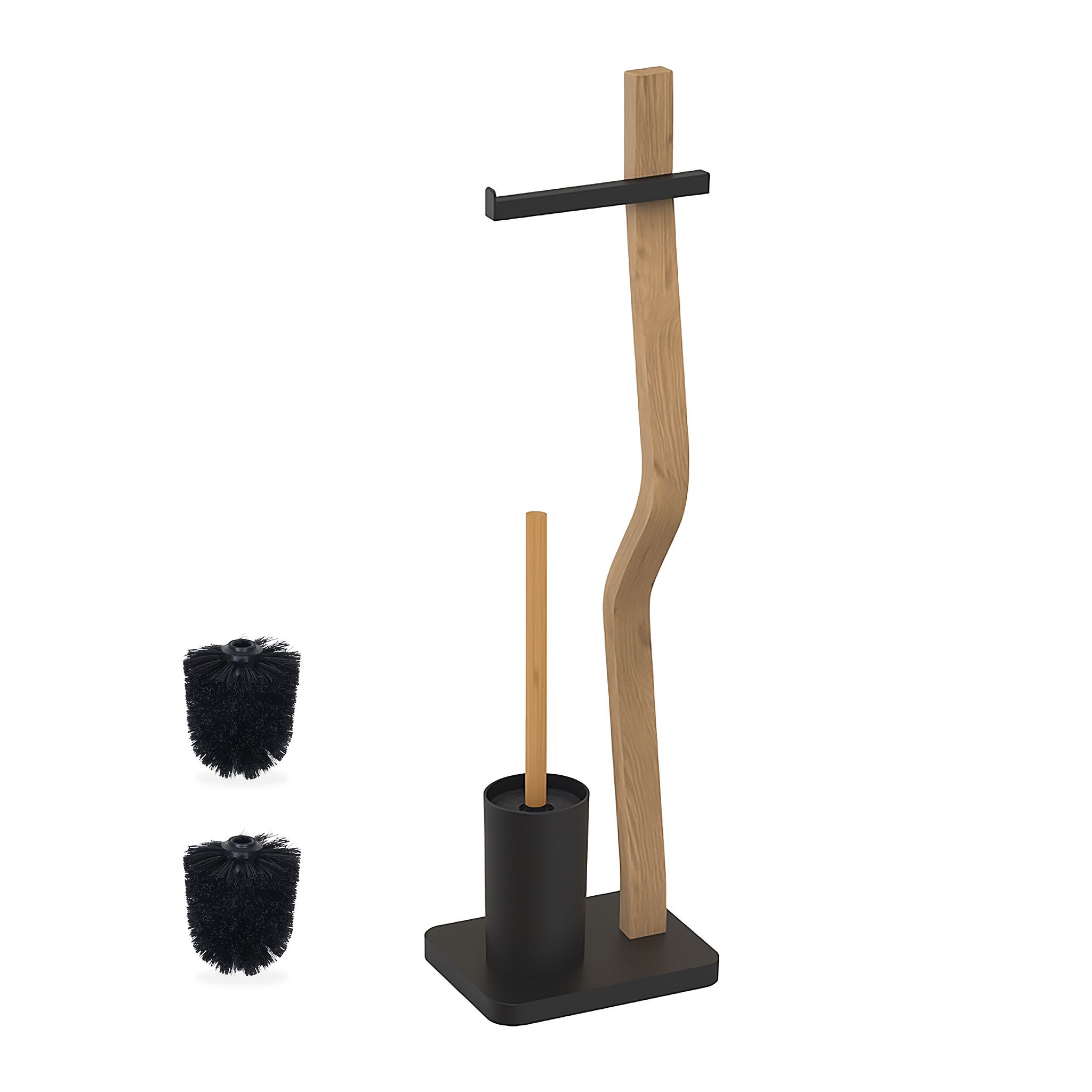 Relaxdays Toilet Set, Hxwxd, 78.5 X 23 X 18 Cm, Wood & Metal, Freestanding Toilet Paper Holder With Brush, Black/natural
