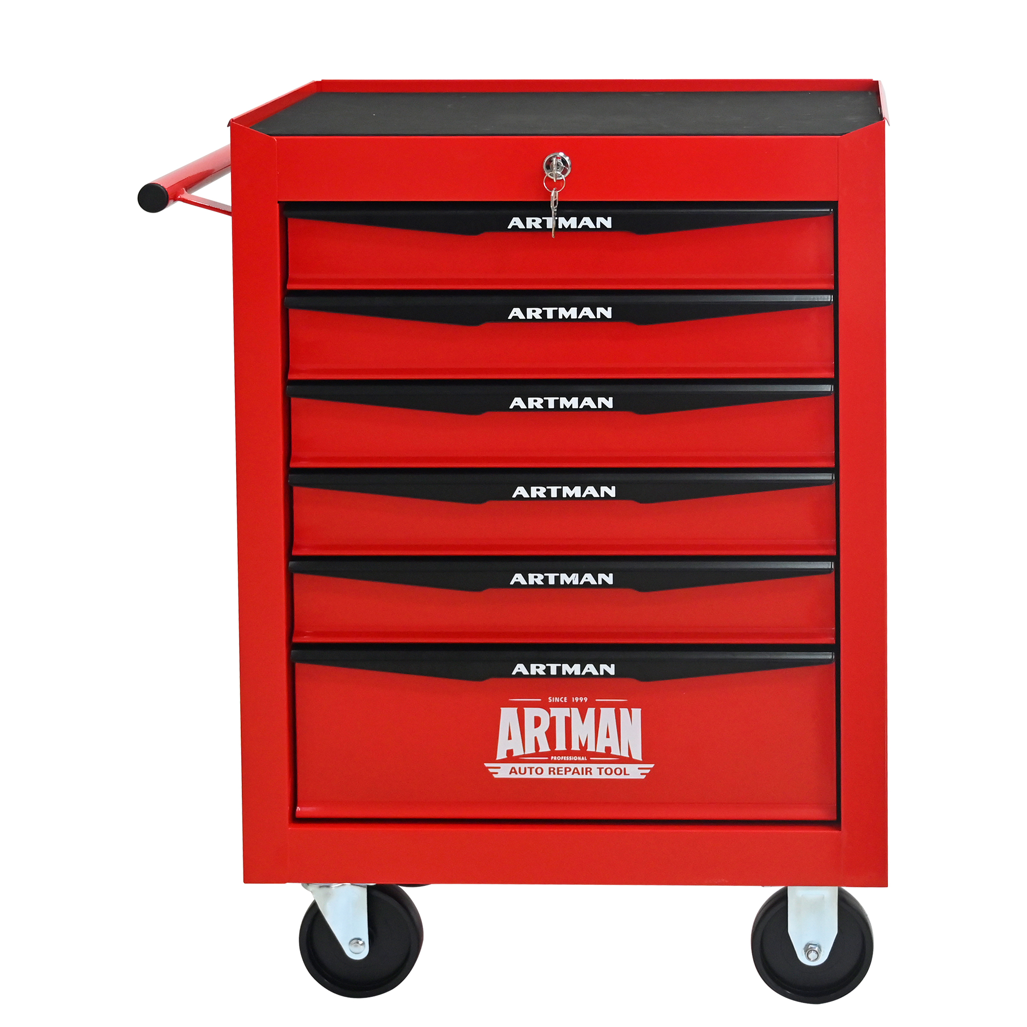 Servante d'atelier métallique 6 tiroirs, glissières à roulement à billes, rouge et noir