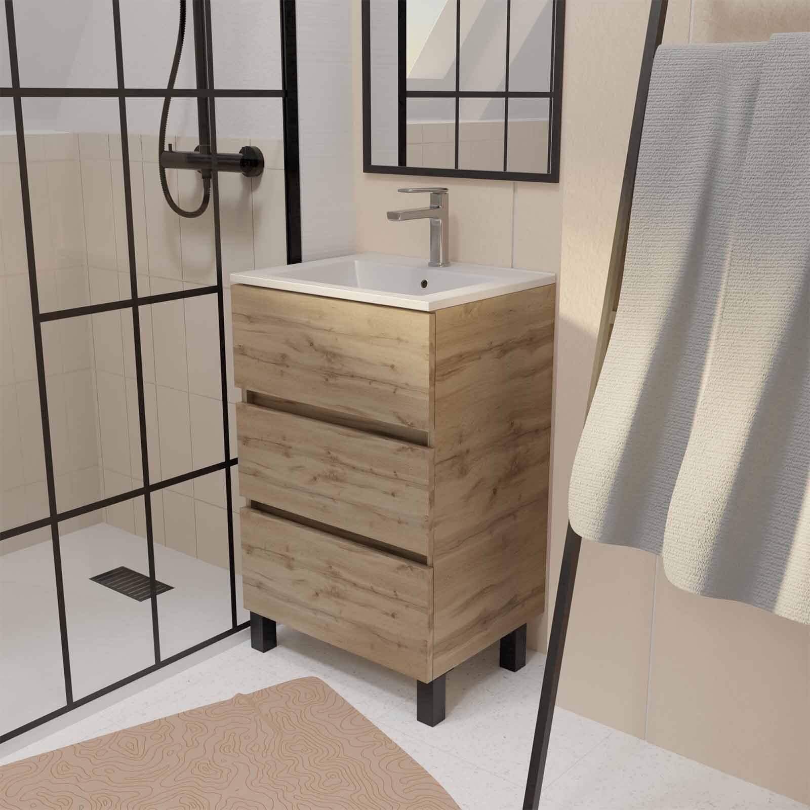 Meuble De Salle De Bains 50 Cm Timber - Décor Chêne Naturel 3 Tiroirs