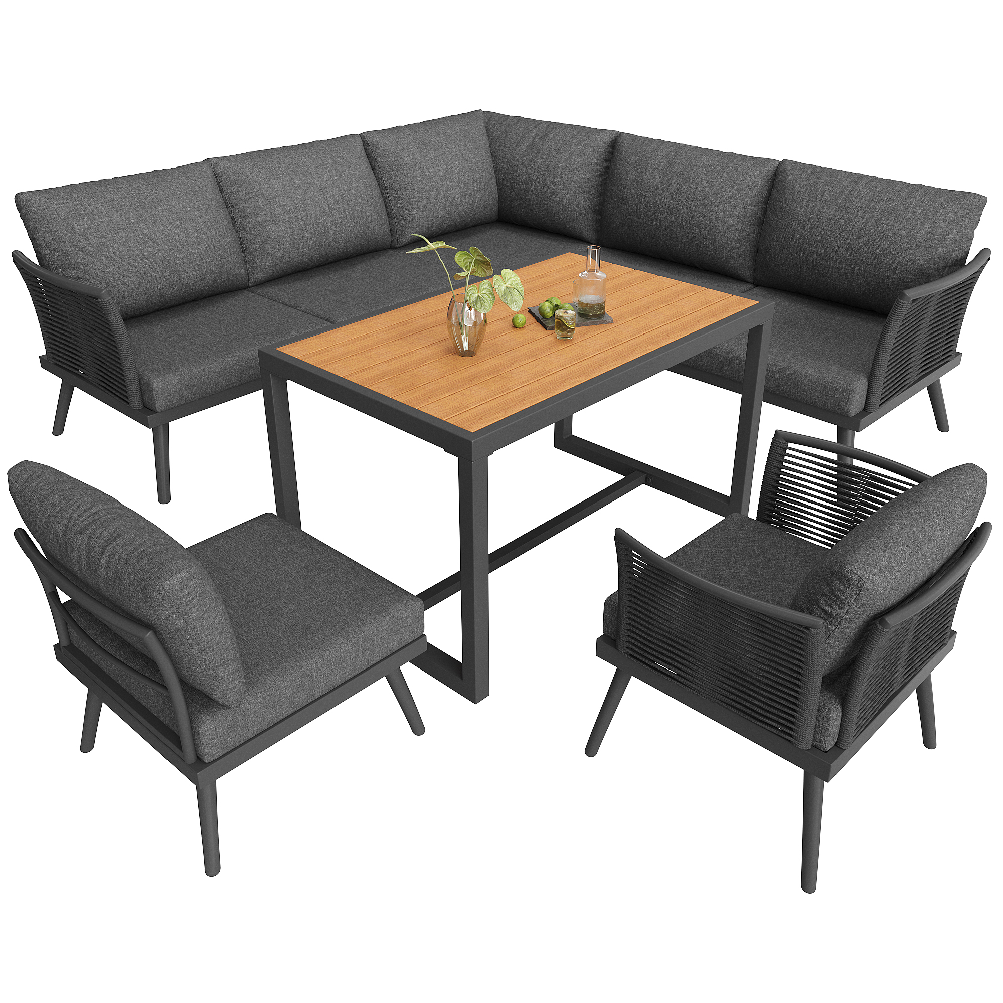 Stilvora 7-sitzer Gartenmöbel Aus Eisen Mit Tisch, 2 Sofas, 2 Sesseln Und Festen Dicken Kissen, Grau