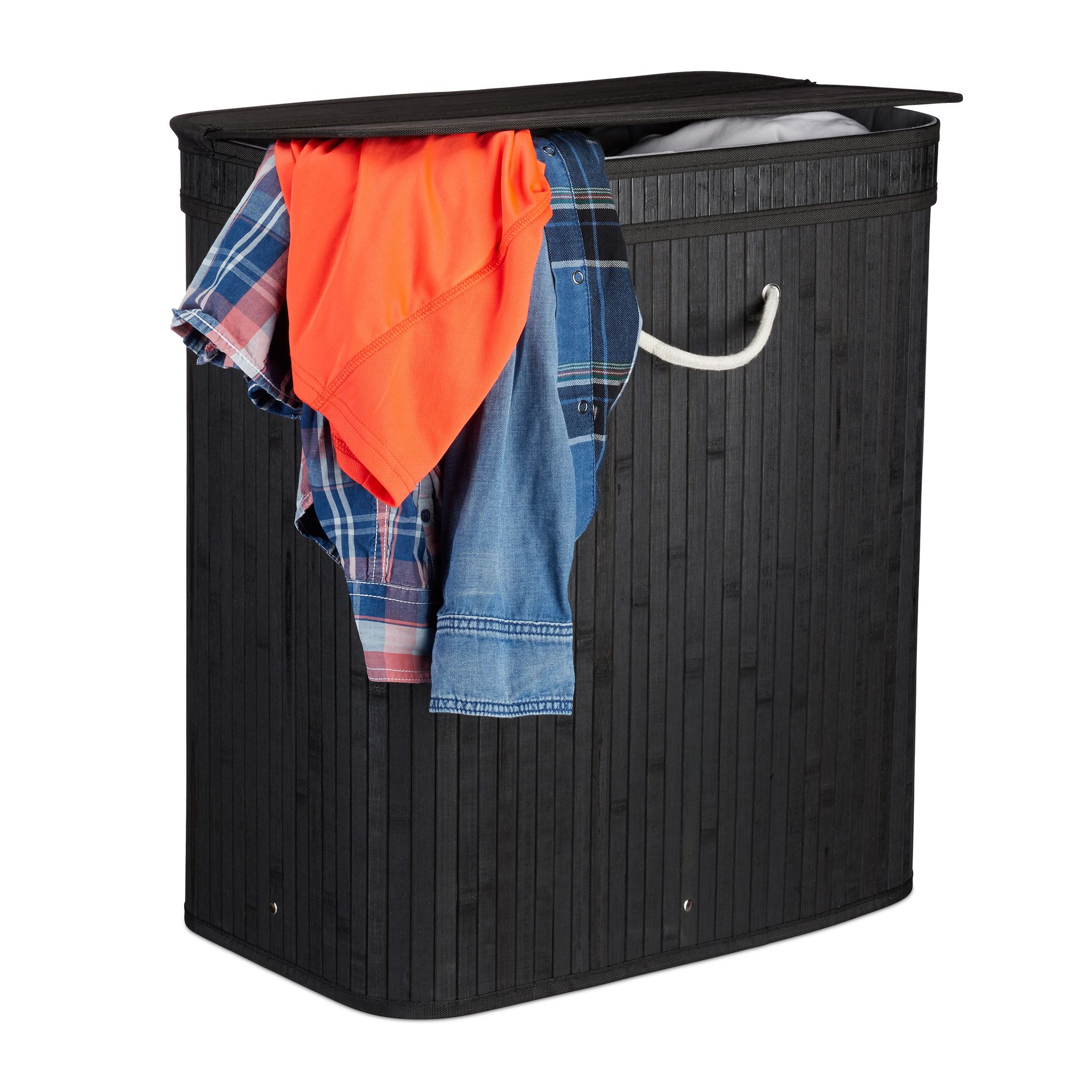Relaxdays Cesto Portabiancheria In Bambù, Rettangolare, 2 Scomparti, Coperchio, Pieghevole, 95 L, Nero
