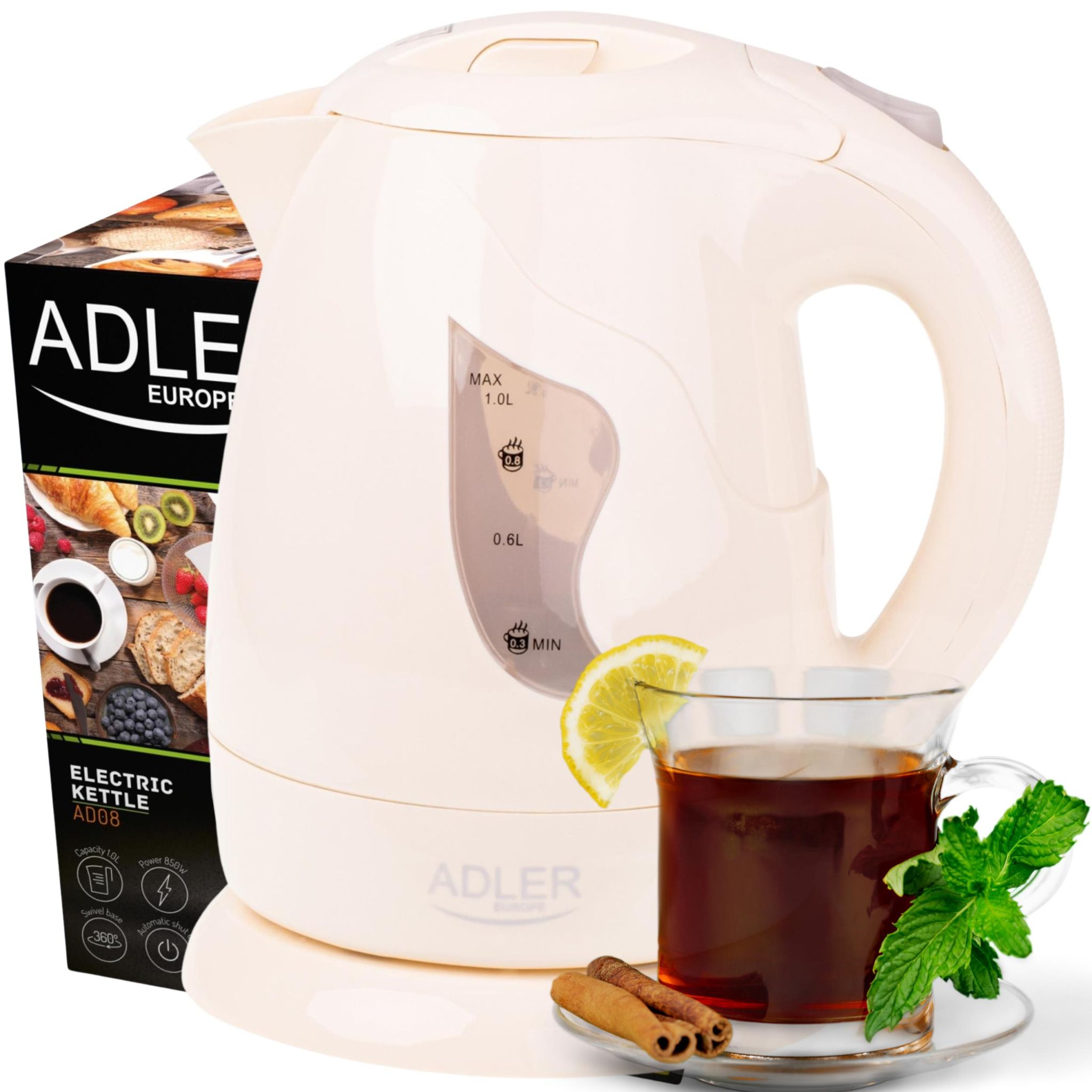 Adler Beige Funktionaler Wasserkocher, 1 L, Modernes Design,