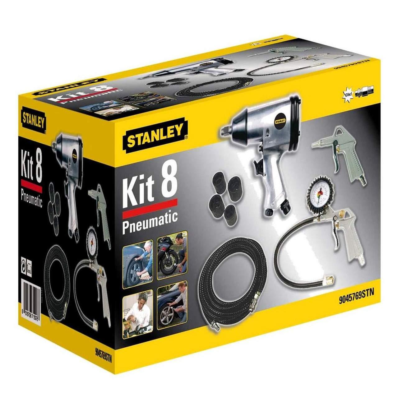 Stanley Mehrfarbig 8-Teiliges Druckluft-Set, Mit 4 Stecknüssen, 10 M Schlauch, Schlagschrauber Für Den Reifenwechsel, Reifenfüllpistole Mit Manometer Und Ausblaspistole Zur Reinigung Von Luft- Oder