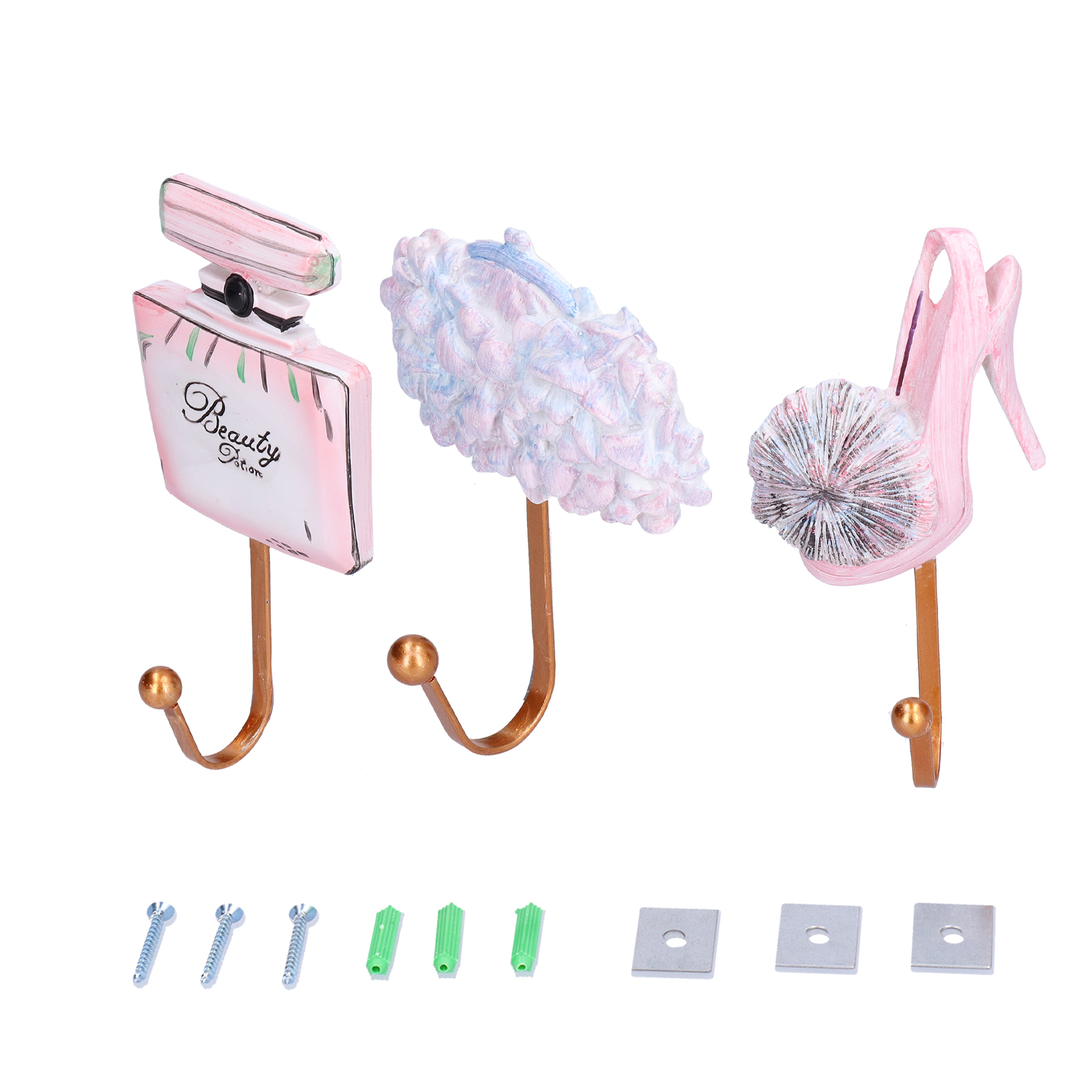 Crochet mural décoratif rose en résine, fixation vissée, charge 1,5 kg, lot de 3