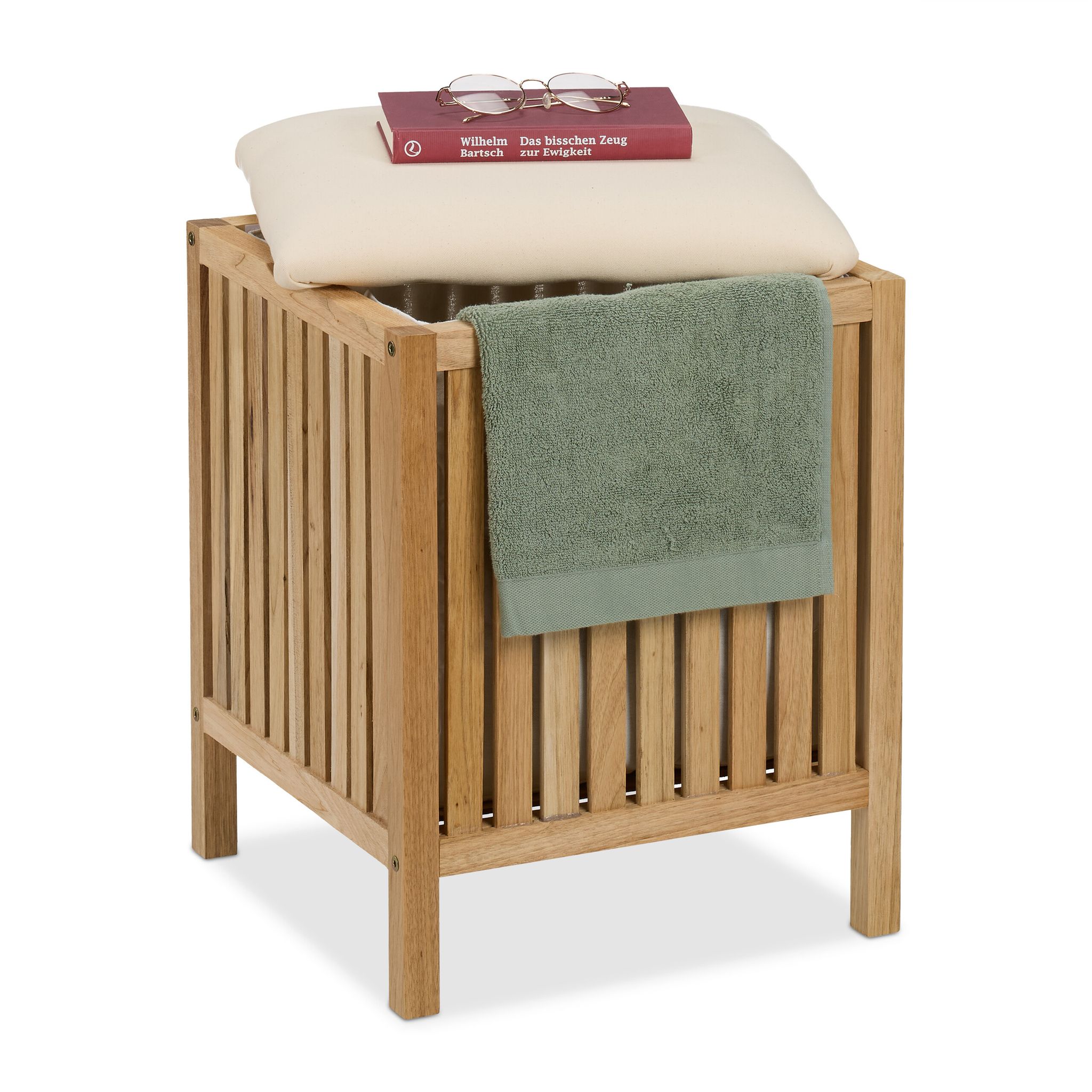 Laundry Hamper With Seat, Bathroom Stool With Storage, 30l, Hwd, 51x38x38 Cm, Wood & Fabric, Natural/white - Relaxdays