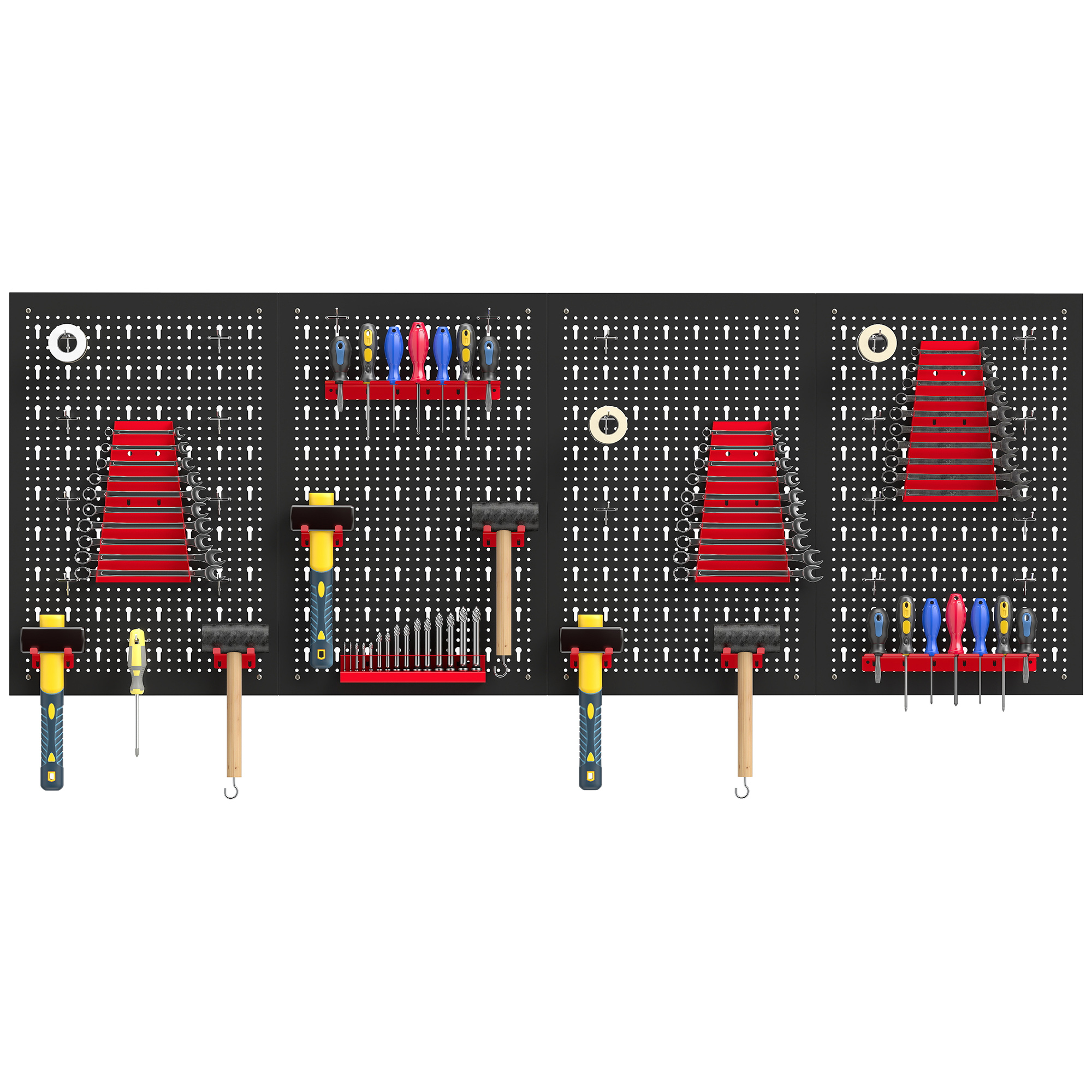 Étagère murale perforée en acier, 4 panneaux 60 x 40 cm, 38 pièces, noir et rouge