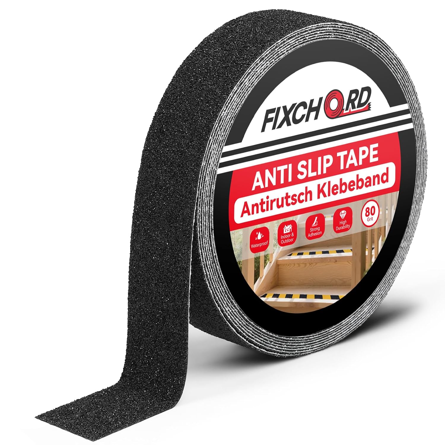 Ruban antidérapant grain 80 en PVC, 5 m x 25 mm, pour nez de marche escalier