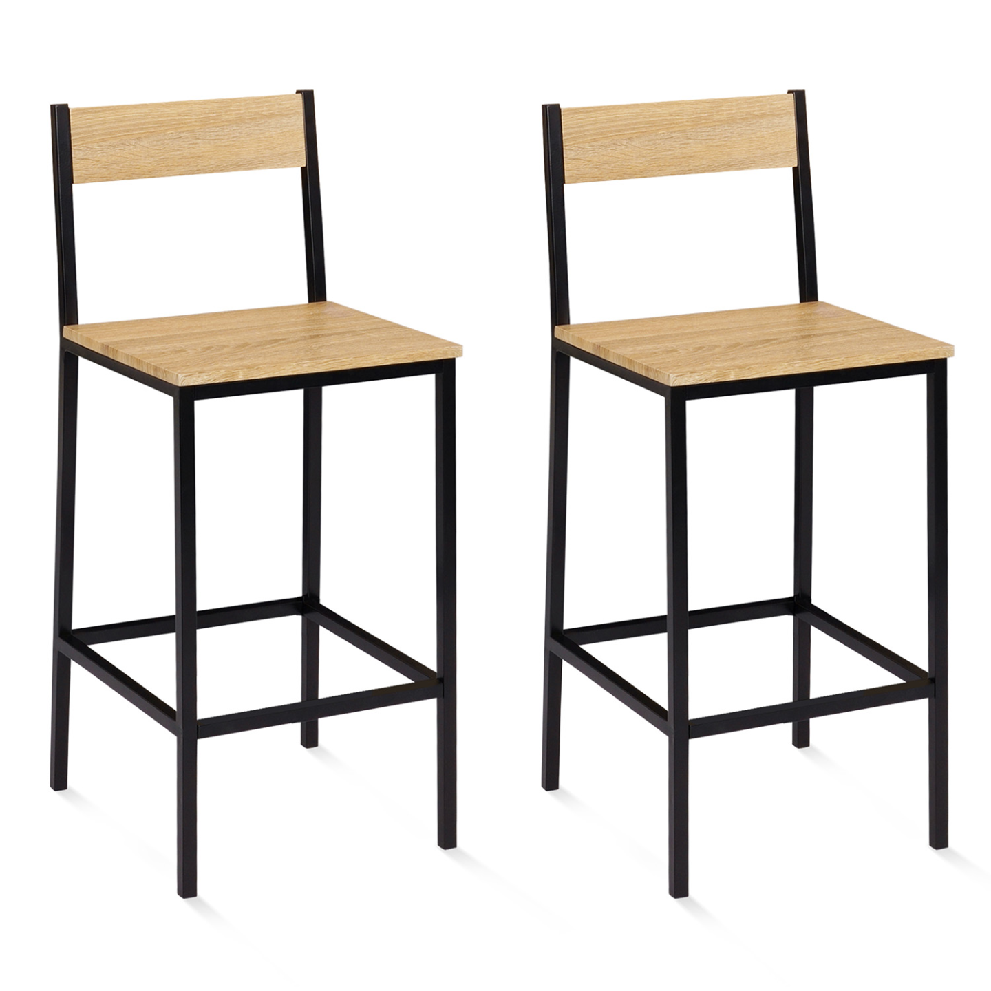 Idmarket – Lot De 2 Tabourets De Bar Avec Dossier – Hauteur D'Assise 65 Cm – Structure Métal Et Assise Mdf – Style Industriel Bois Et Noir