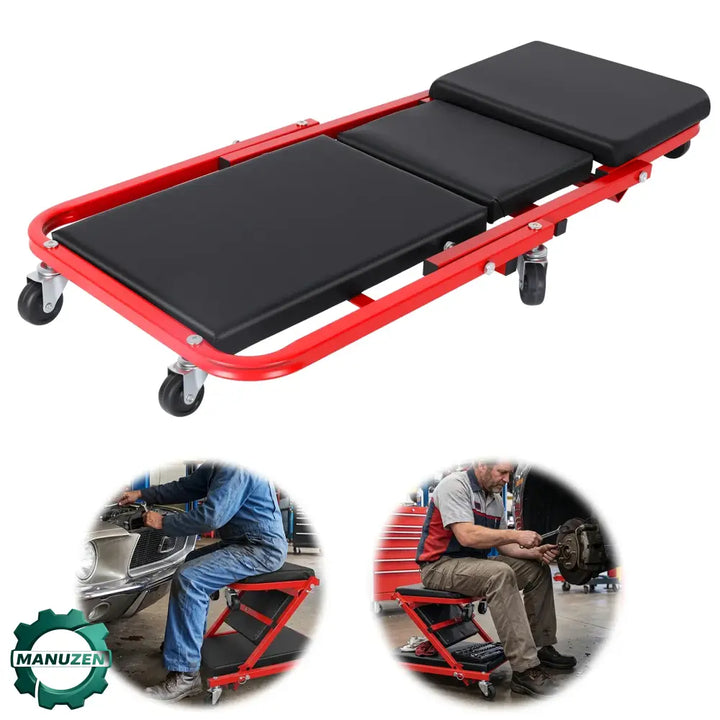Tabouret roulant d'atelier pour entretien automobile, rotation 360°, rouge