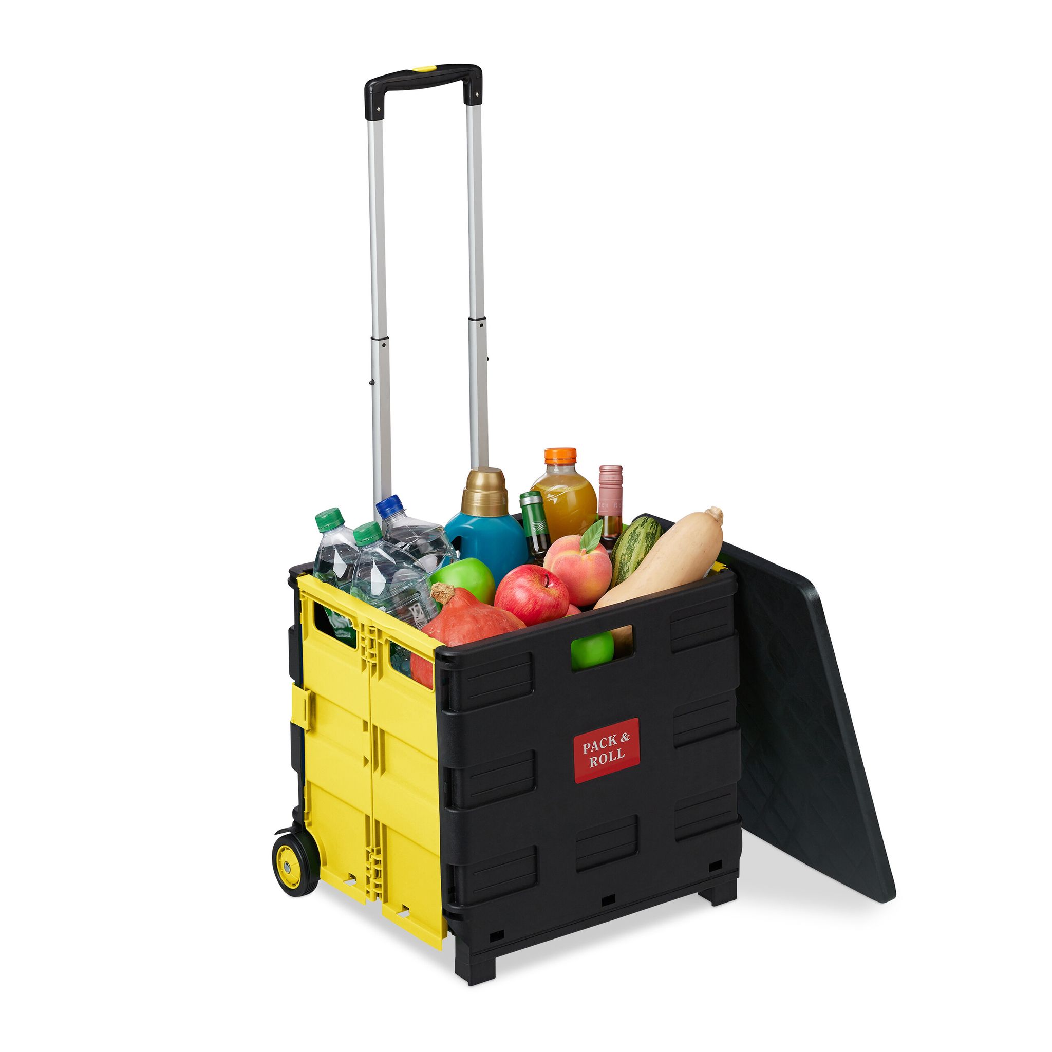 Relaxdays Shopping Trolley, Foldable, Up To 35 Kg, 50 L, With Telescopic Handle, Transport Cart, 2 Wheels, Yellow/black