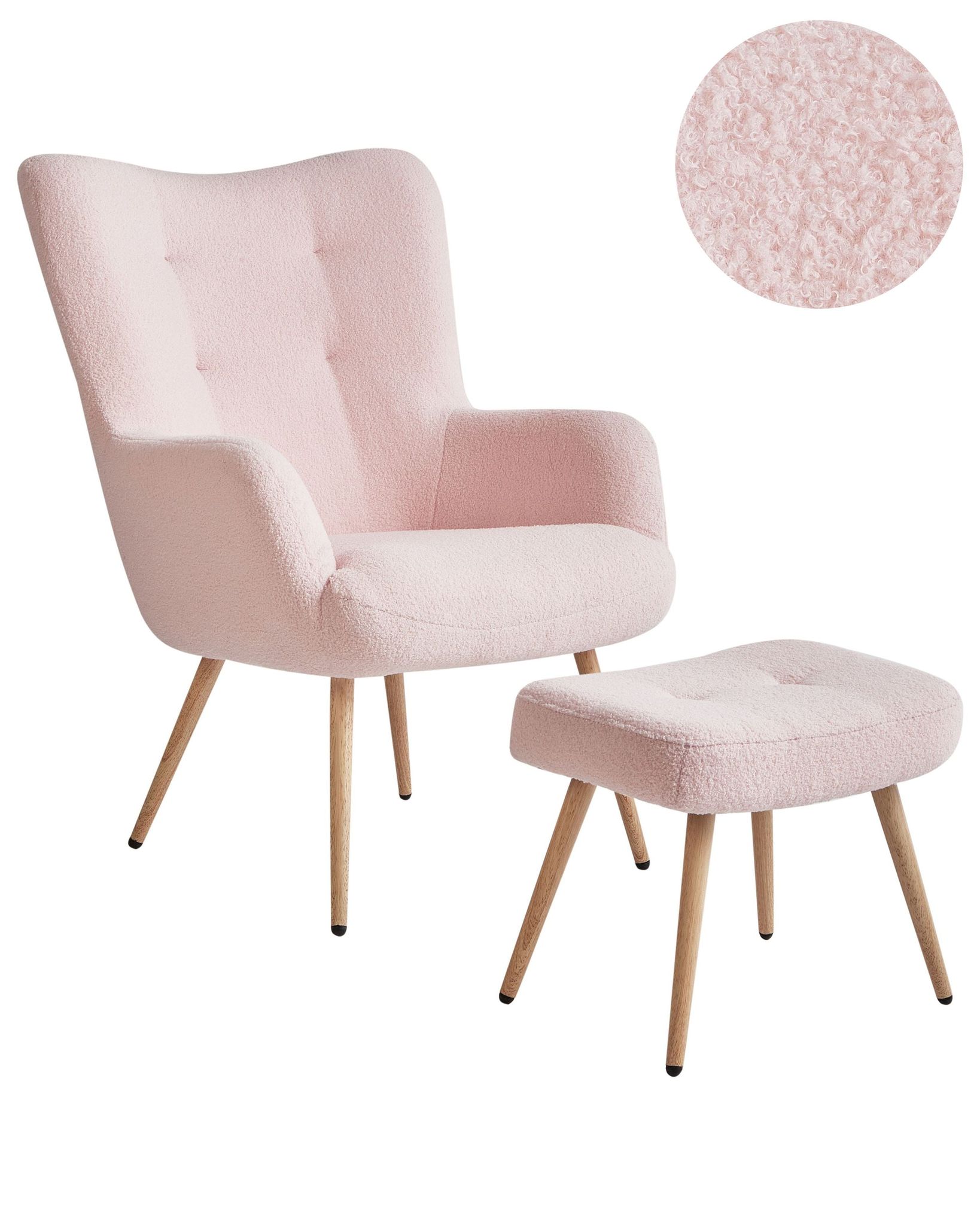 Beliani Wingback Mid-century Modern Boucle Upholstered Armchair Ottoman Set Pastel Pink Vejle Ii