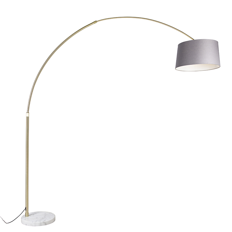 Qazqa Arc Lamp Brass With Marble Fabric Lampshade Grey 45 Cm - Xxl
