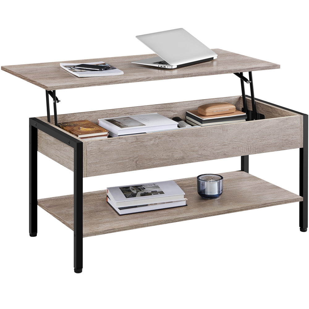 Yaheetech – Table Basse Relevable En Mdf Gris – Compartiment Caché Et Étagère Inférieure – Dimensions 104,5x49,5x47 Cm – Mécanisme De Levage Stable