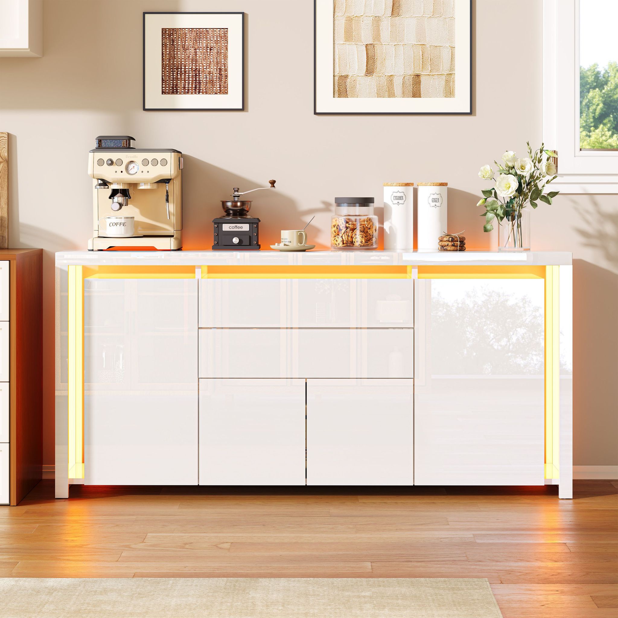 Buffet 160 Cm, Avec 4 Portes Et 2 Tiroirs De Rangement