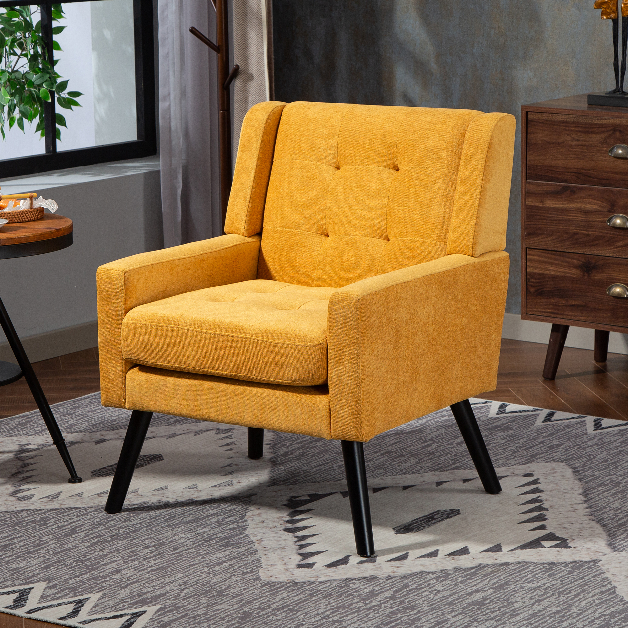 Fauteuil Capitonné En Daim À Boutons – Fauteuil Moderne Du Milieu Du Siècle Avec Coussin En Mousse Haute Densité Et Pieds En Bois Massif, Idéal Pour Les Petits Espaces : Salon, Chambre, Bureau
