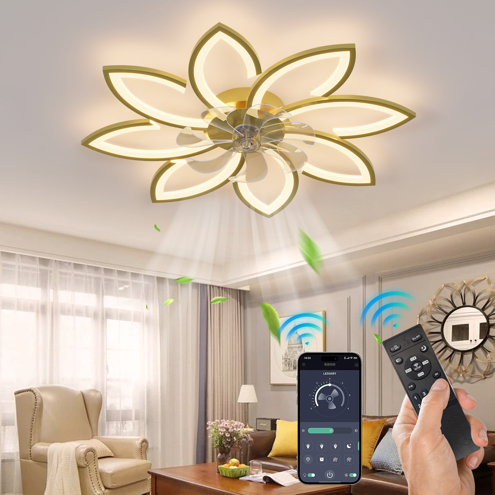 Ganeed - Lustre Ventilateur De Plafond, Ventilateur Plafond Avec Lumiere Silencieux, Plafonnier Ventilateur Fleur Design Moderne, Dimmable, Fonction Mémoire, 6 Vitesses, Moteur Dc, Réversible Eté Hiver,
