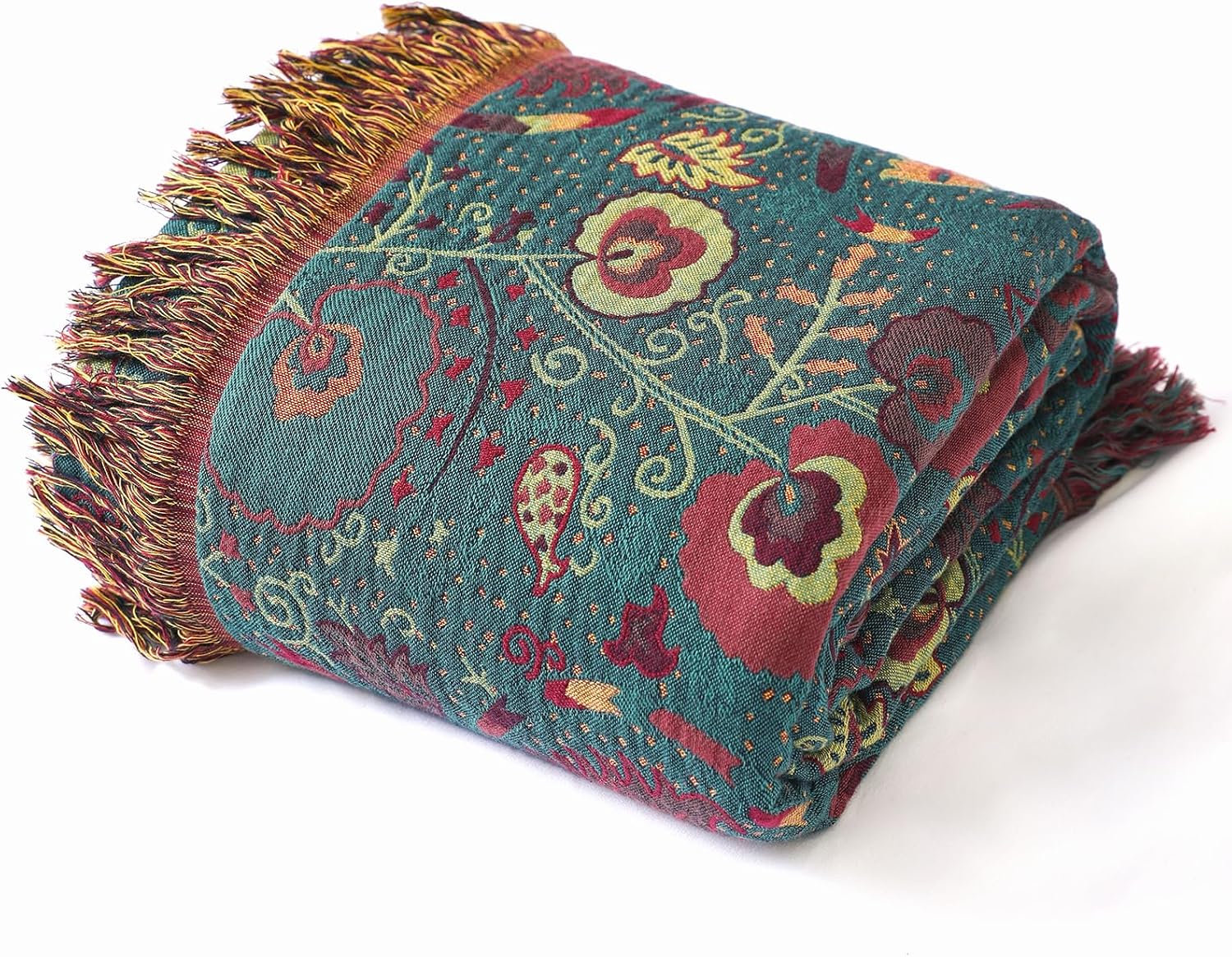 Plaid Coton 200x230 Cm Vert Floral – Tissage Exclusif Avec Franges