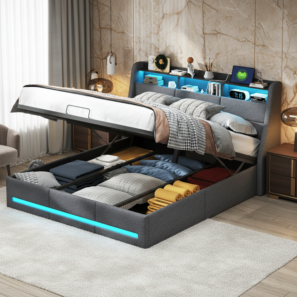 Lit Coffre 160x200 Cm Avec Sommier En Bois Massif - Éclairage Led, Port De Charge Usb, Lit Double Adulte, Lin - Gris