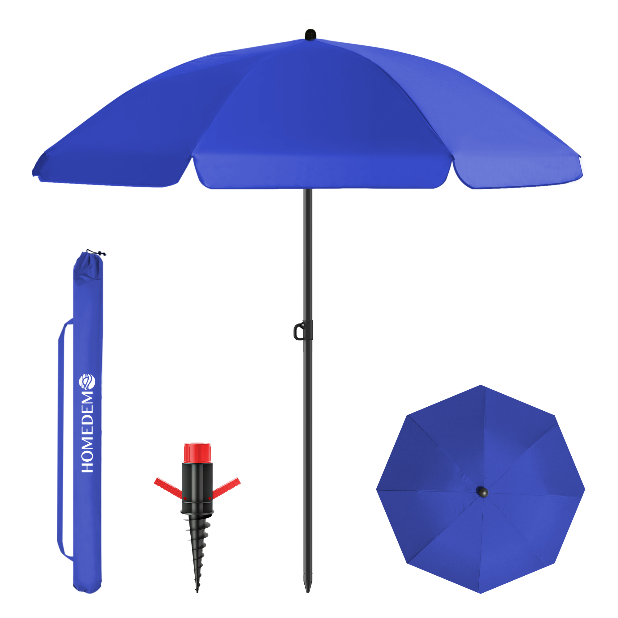 Homedemo Parasol Plage Inclinable Avec Revêtement Argenté, Uv50+, Avec Pieds De Parasol De Plage À Hélice À Visser & Housse De Protection, Pour Terrasse, Piscine, Marché, 180cm, Bleu
