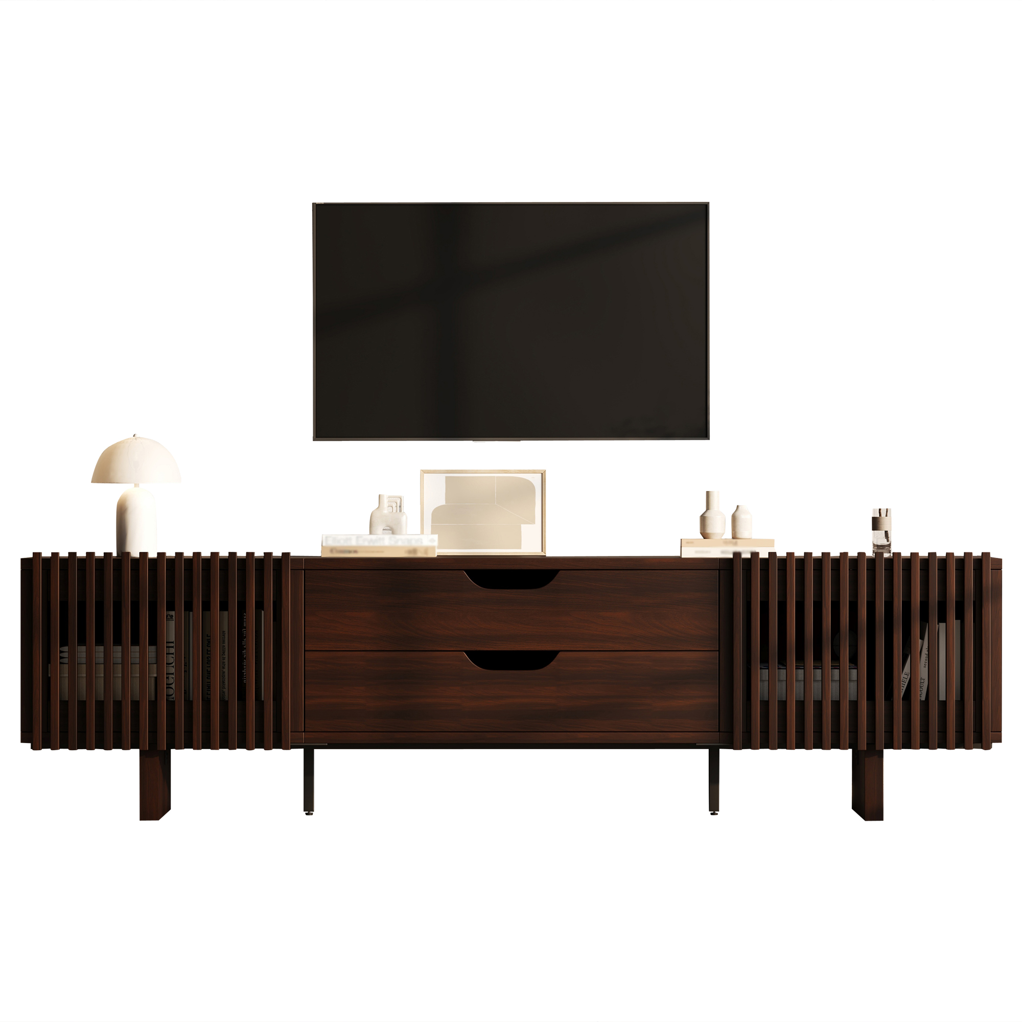 Stilvora Tv-schrank Mit 2 Schubladen Und 2 Lamellentüren, Für Wohnzimmer, Aus Mdf, Dunkle Eiche, 180 × 40 × 45 Cm