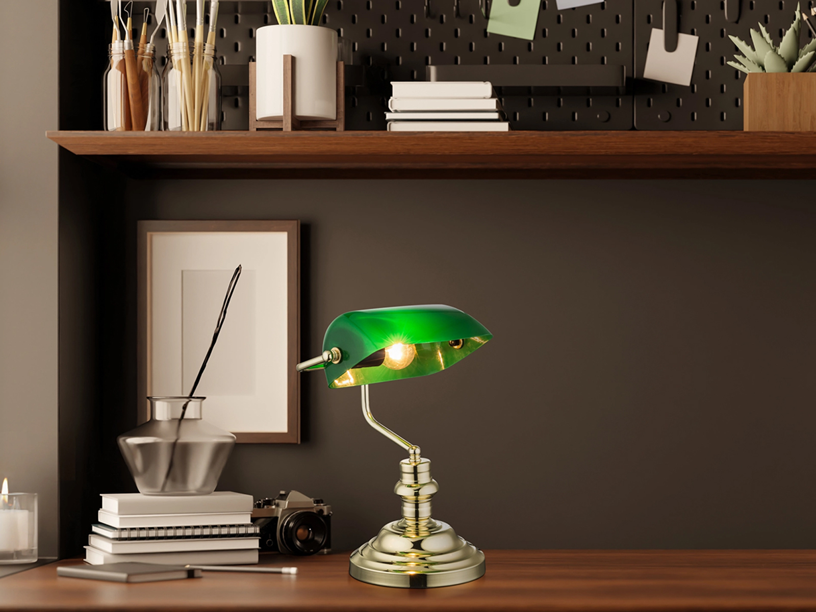 Eglo - Retro Schreibtischlampe Antique Messing Mit Acrylschirm Grün, Höhe 36cm