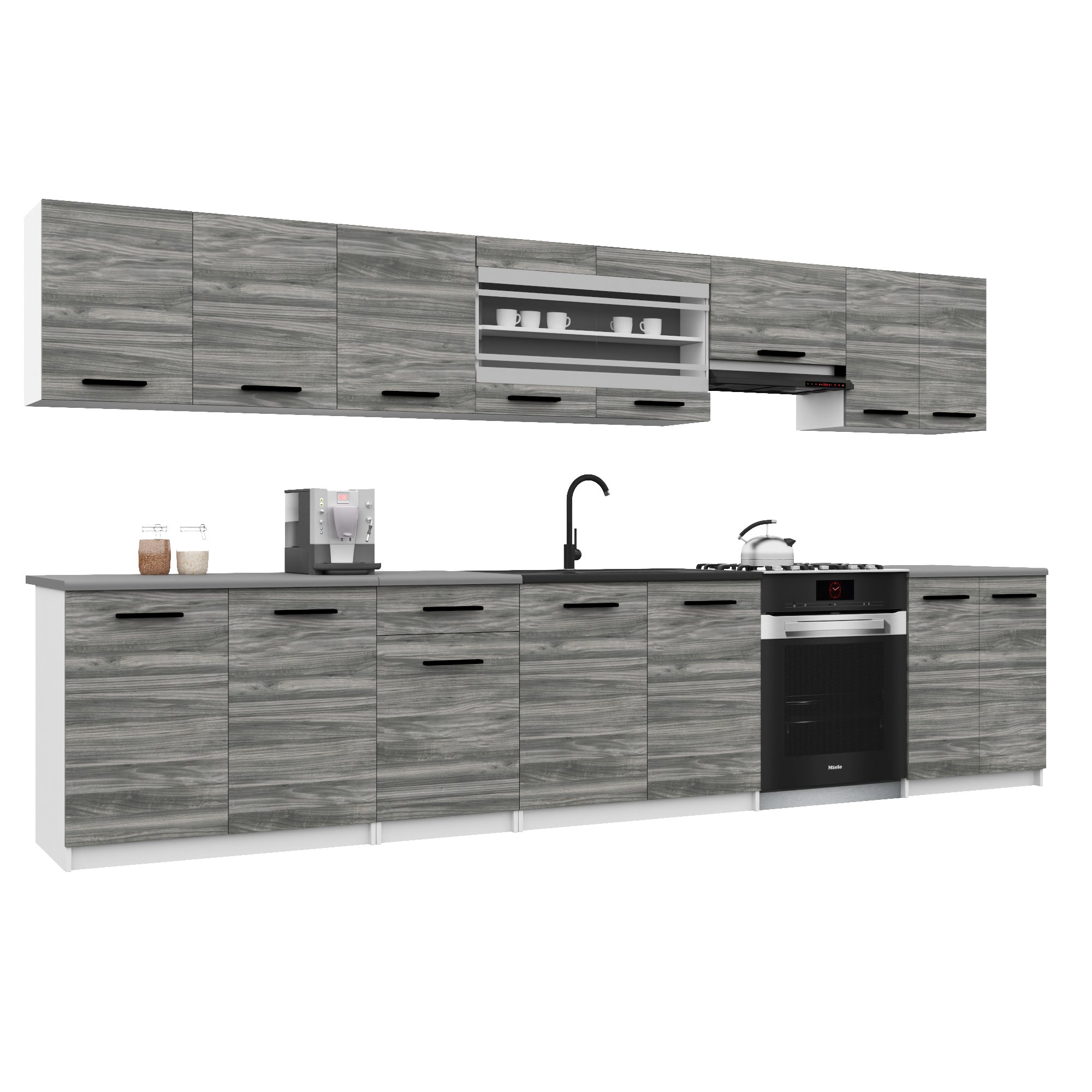 Belini Italia 3 Cuisine Equipée Modulaire Complète - 320 Cm. Meubles Hauts Bas Avec Plan De Travail, Gris Glamour