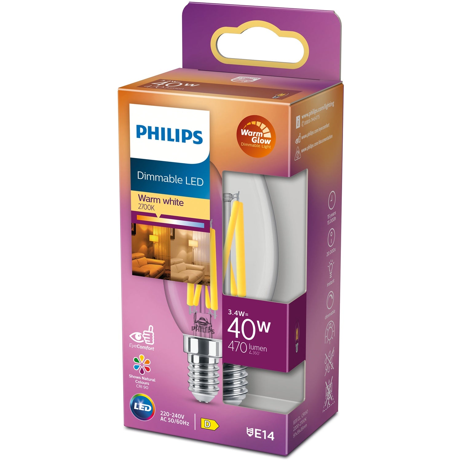 PHILIPS LED Classic E14 Lampe, 40 W, Kerzenform, klar, warmweiß - Bild 2