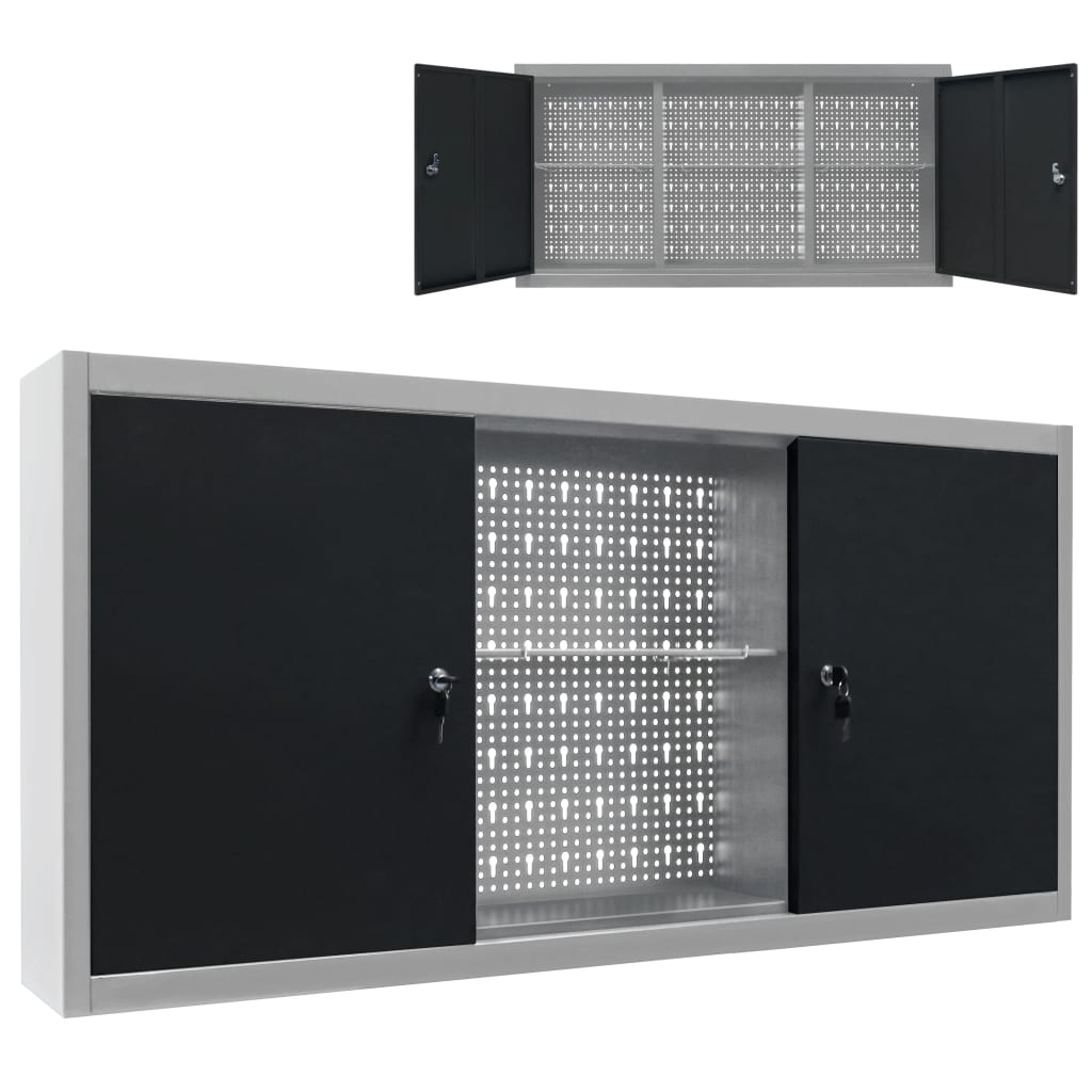 Armoire à outils murale en métal, 3 étagères réglables et plaque perforée Euro, 120 x 19 x 60 cm
