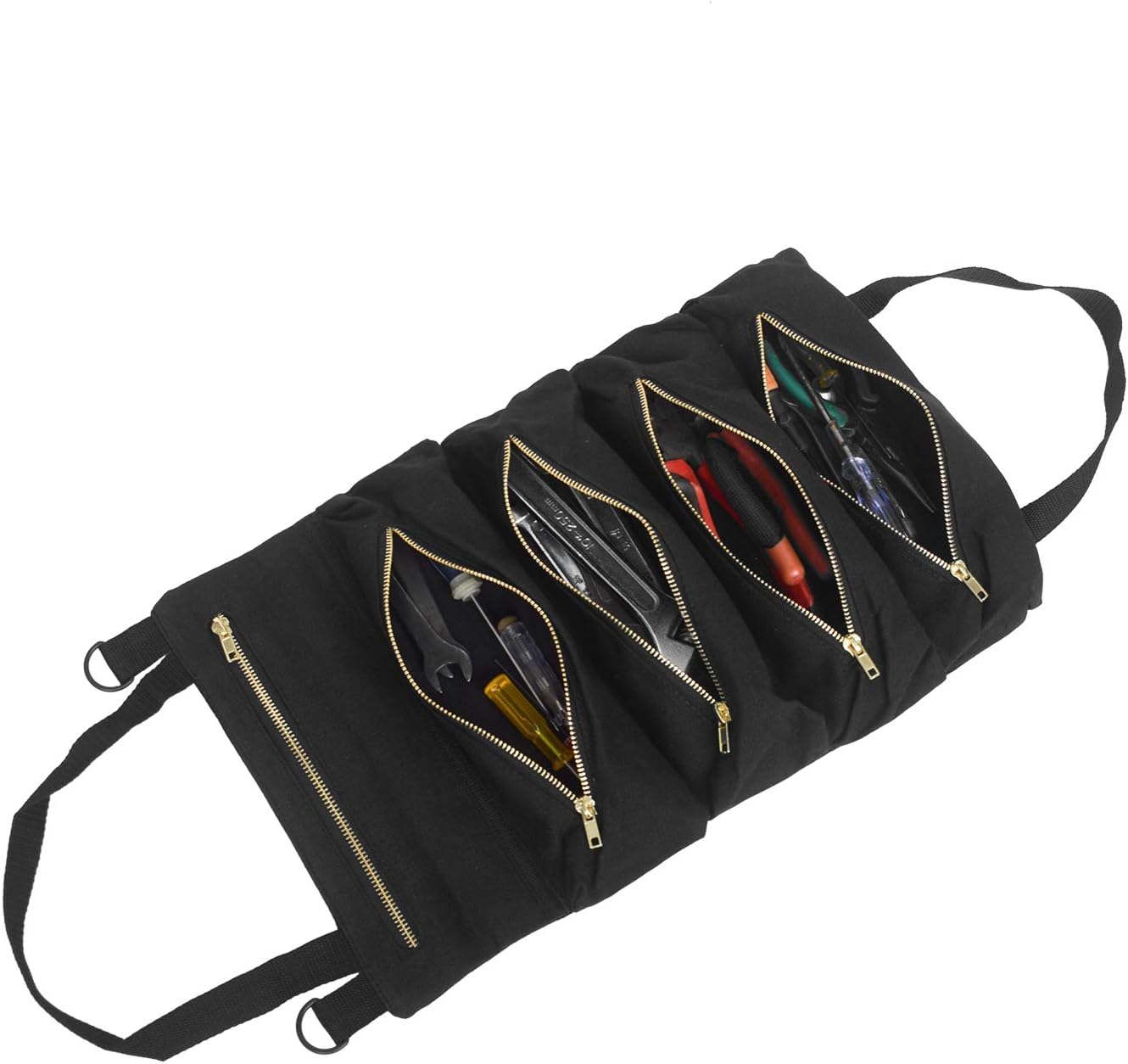 Sac à outils enroulable avec 5 poches zippées, noir, pour électriciens et mécaniciens