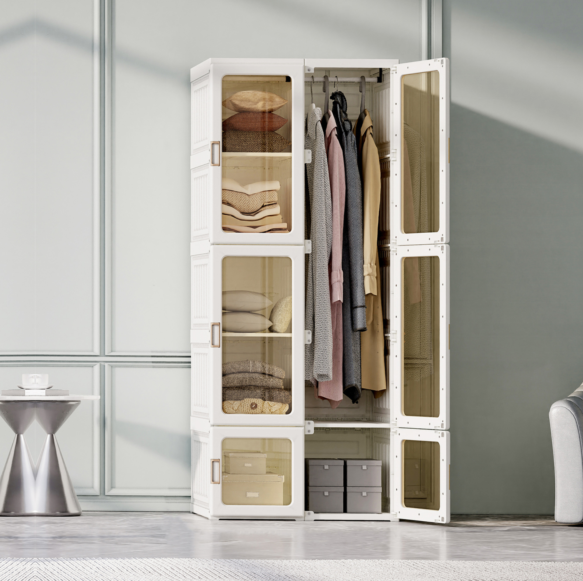 Armoire De Chambre 69×50×170 Cm - 6 Portes Transparentes Et 7