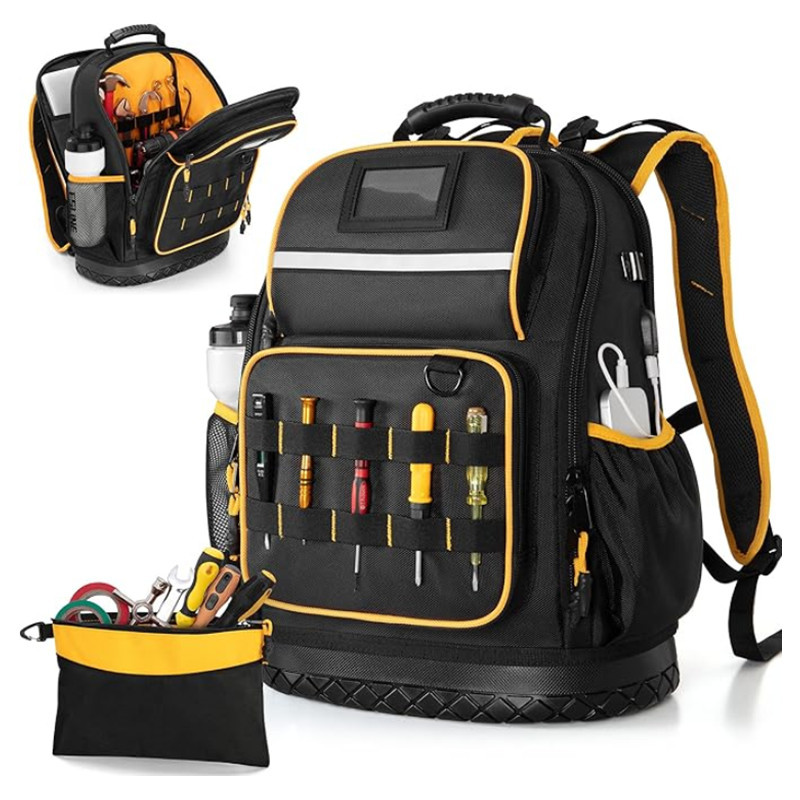 Sac à dos porte-outils à fond rigide en nylon balistique 1680D, compartiment pour ordinateur portable 15,6 pouces, noir