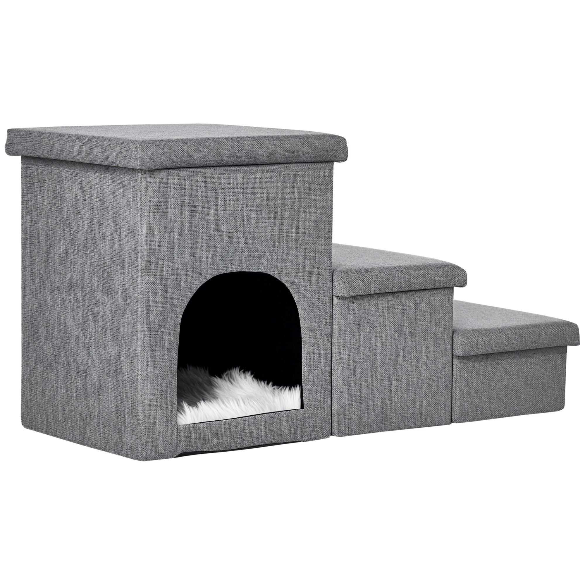 Hundetreppe 3 Stufen 40,5 Cm Hoch Haustiertreppe Mit Höhle Kissen Stauraum Katzentreppe Für Kleine Hunde Hunderampe Mit Waschbar Bezug Einstiegshilfe Für Bett, Sofa, Couch Und Auto Hellgrau - Pawhut