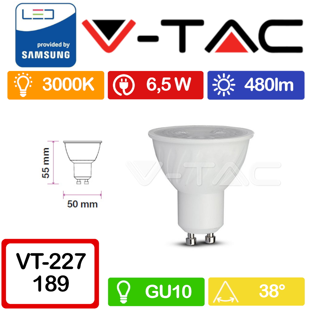 V tac Pro Vt 227 Faretto Led Gu10 Con Chip Samsung 6,5w 38 Copertur...