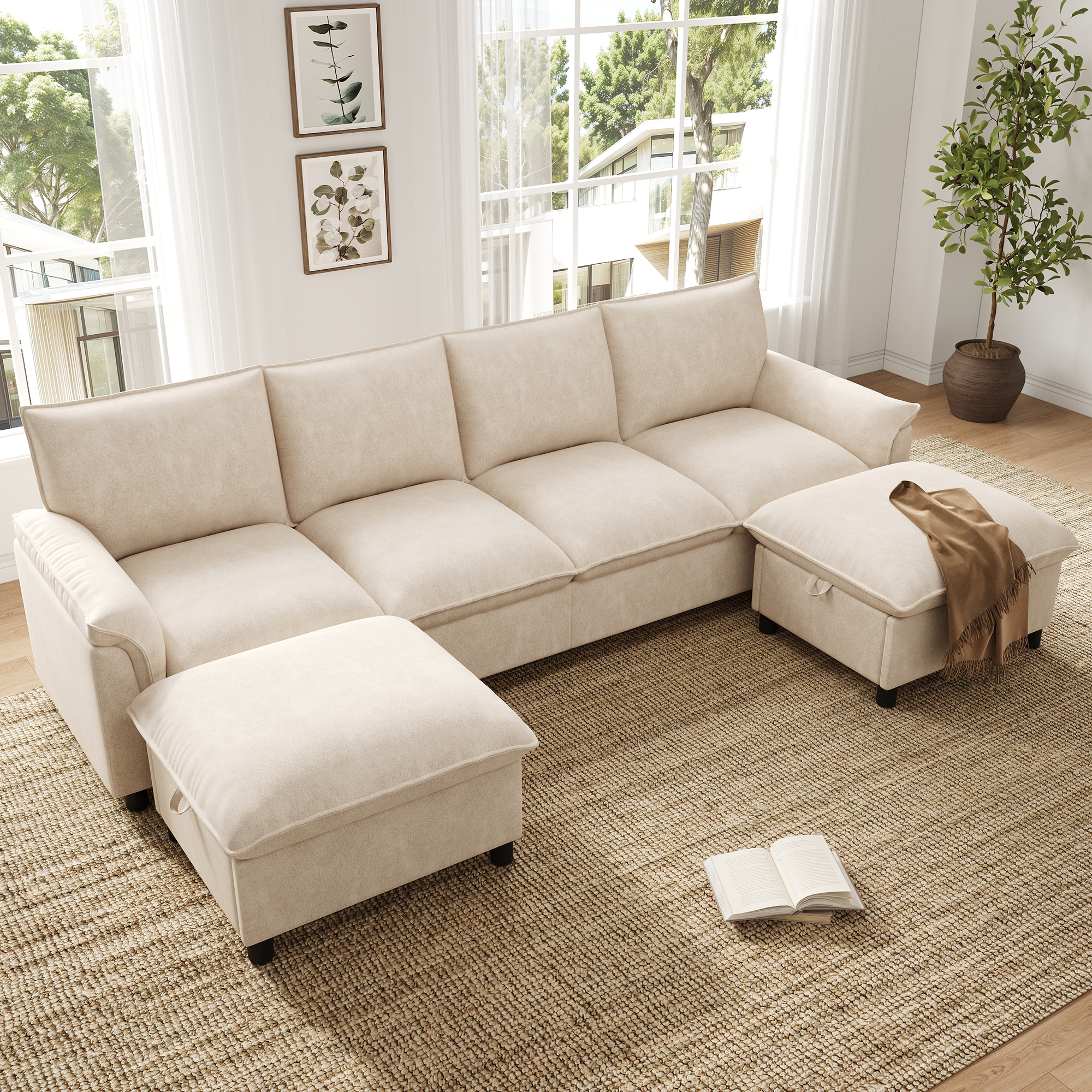 Canapé D'Angle Modulable En U/l Avec 2 Repose-pieds Mobiles, Dossier Haut,canapé 6 Places En Chenille,adapté Pour Le Salon,l'appartement,beige