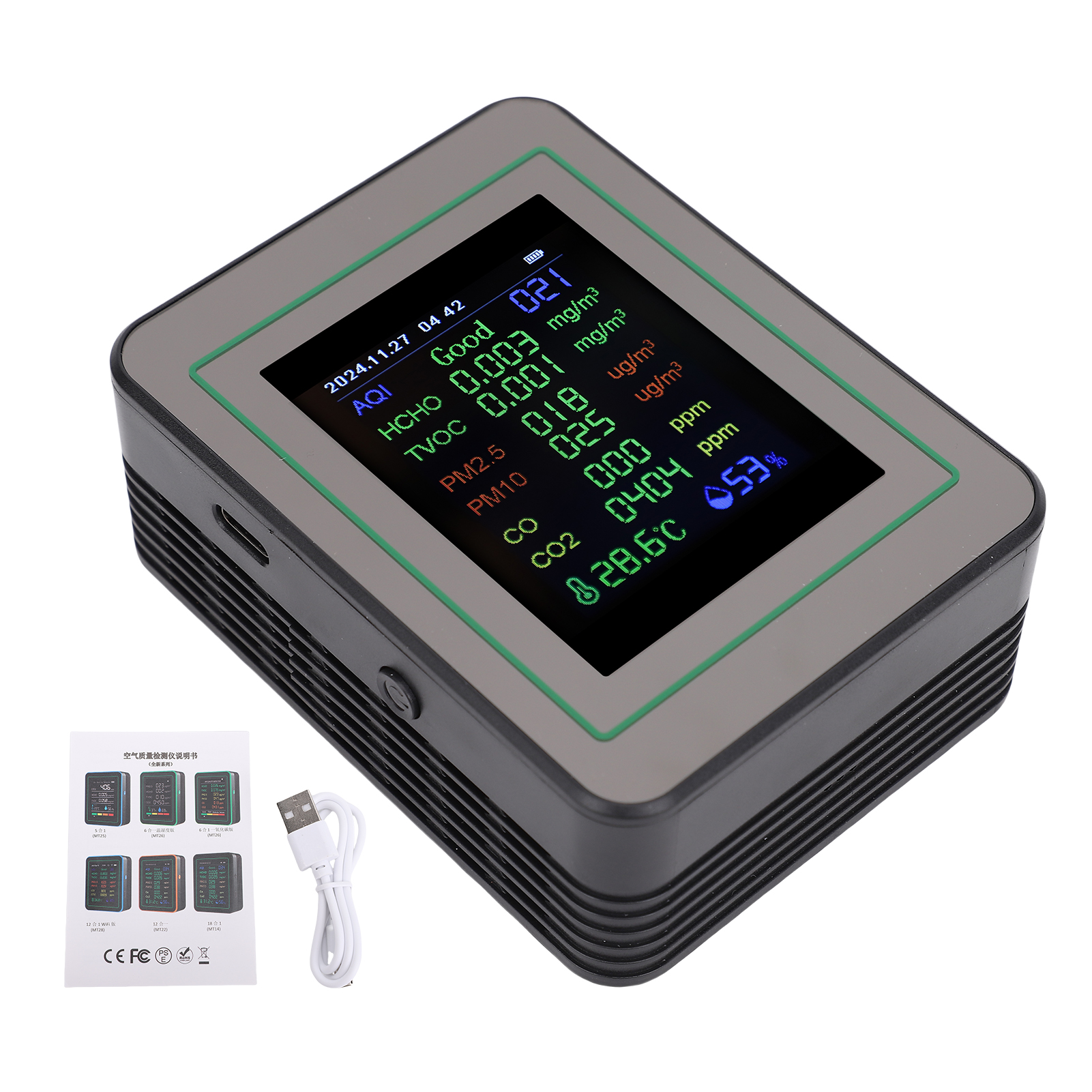 Monitor Per La Qualità Dell'aria 12 In 1 Con Schermo A Colori Da 2,8 Pollici, Rileva Hcho, Tvoc, Pm2.5, Pm10, Co, Co₂, Temperatura E Umidità, Grafico Di Tendenza Dei Dati In Tempo Reale Mt14 Nero.