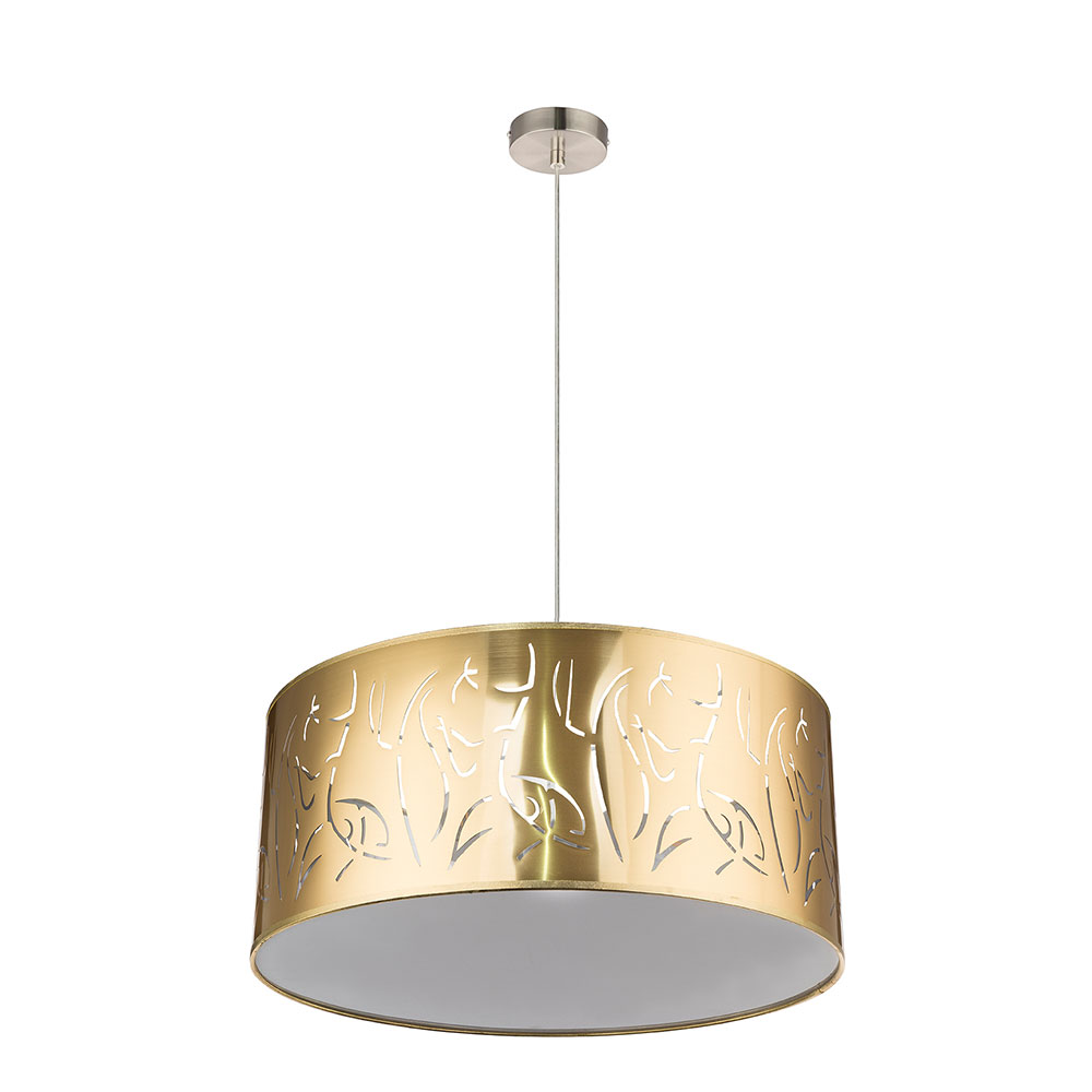 Globo Schirmleuchte Hängelampe Pendelleuchte Hängeleuchte Wohnzimmer, 3 Flammig Nickel Matt Gold Dekorstanzungen1x 3X E27 Fassung, Dxh 53X140cm 15359H1