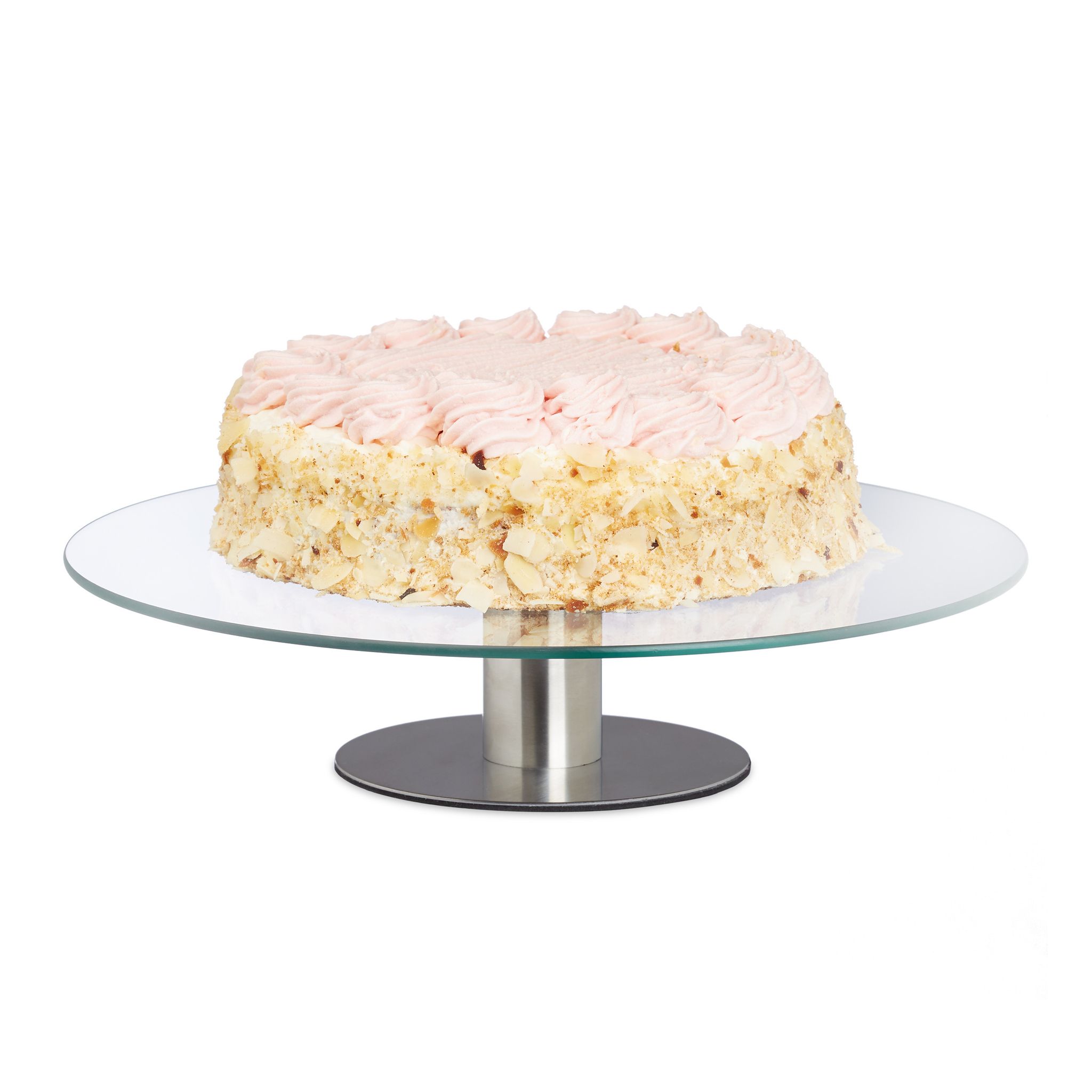 Relaxdays - Rotating Cake Stand, With Stainless Steel Base, Glass Platter, Cupcake Serving Tray, Ø 30 Cm, Transparent