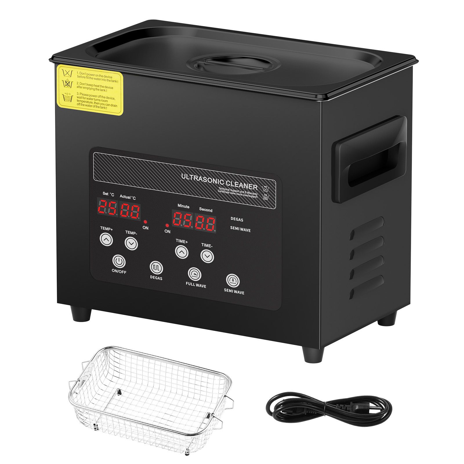 Nettoyeur à ultrasons 3 L, 120 W, 40 kHz, chauffe 0-80 °C et minuteur, mode doux et dégazage, panier inclus