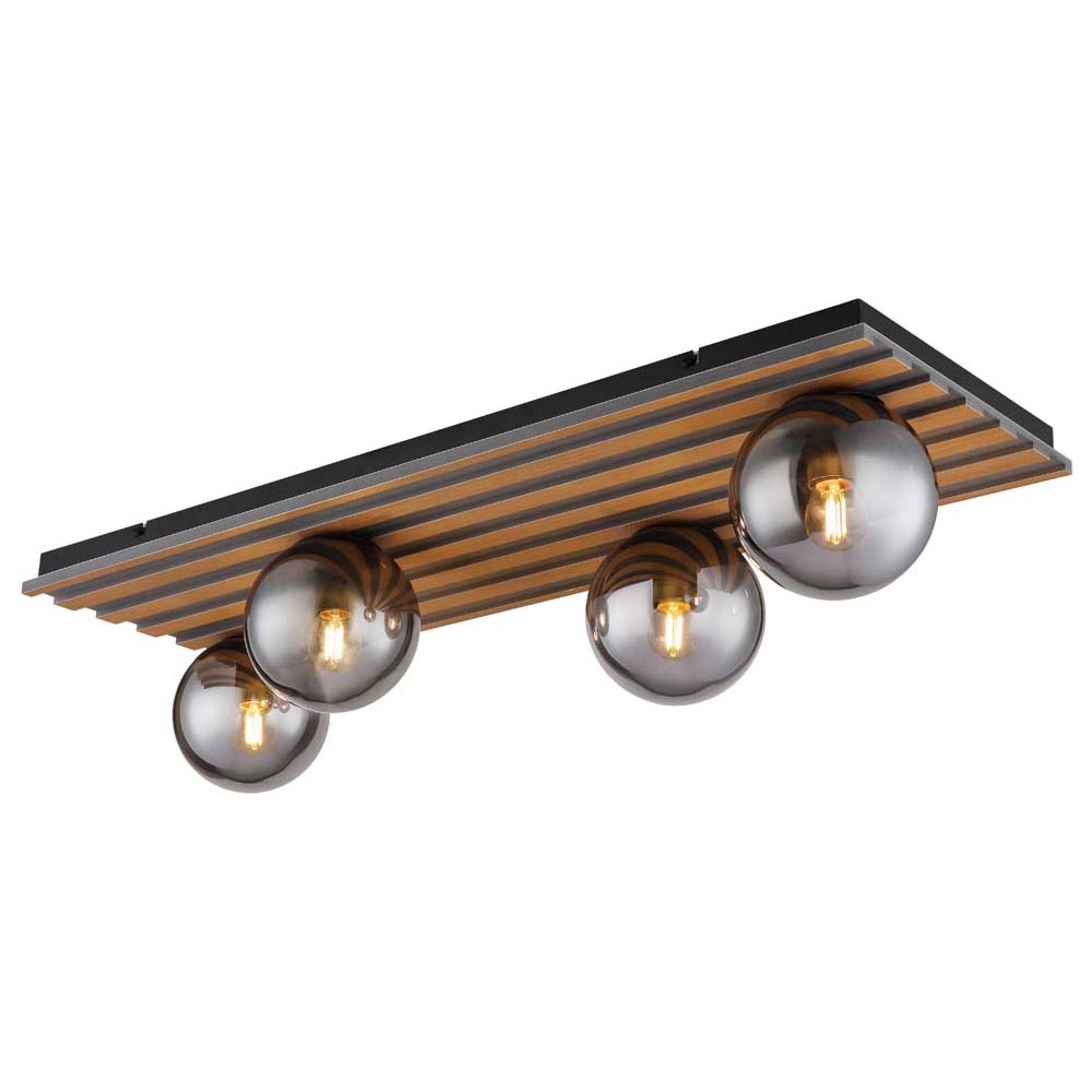 Deckenleuchte Deckenlampe Wohnzimmerleuchte Rauch Glaskugel 4 Flammig, Metall Glas Mdf, 4x E27 Fassungen, Lxbxh 90x30x20 Cm