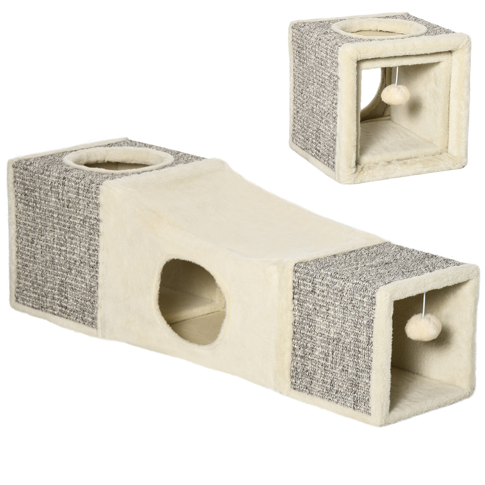 Katzentunnel, Katzenspielzeug Mit Spielball, Katzenhöhle, Faltbarer Spieltunnel Aus Sisal, Kombiniertes Design, Braun+beige, 98 X 30 X 30 Cm - Pawhut