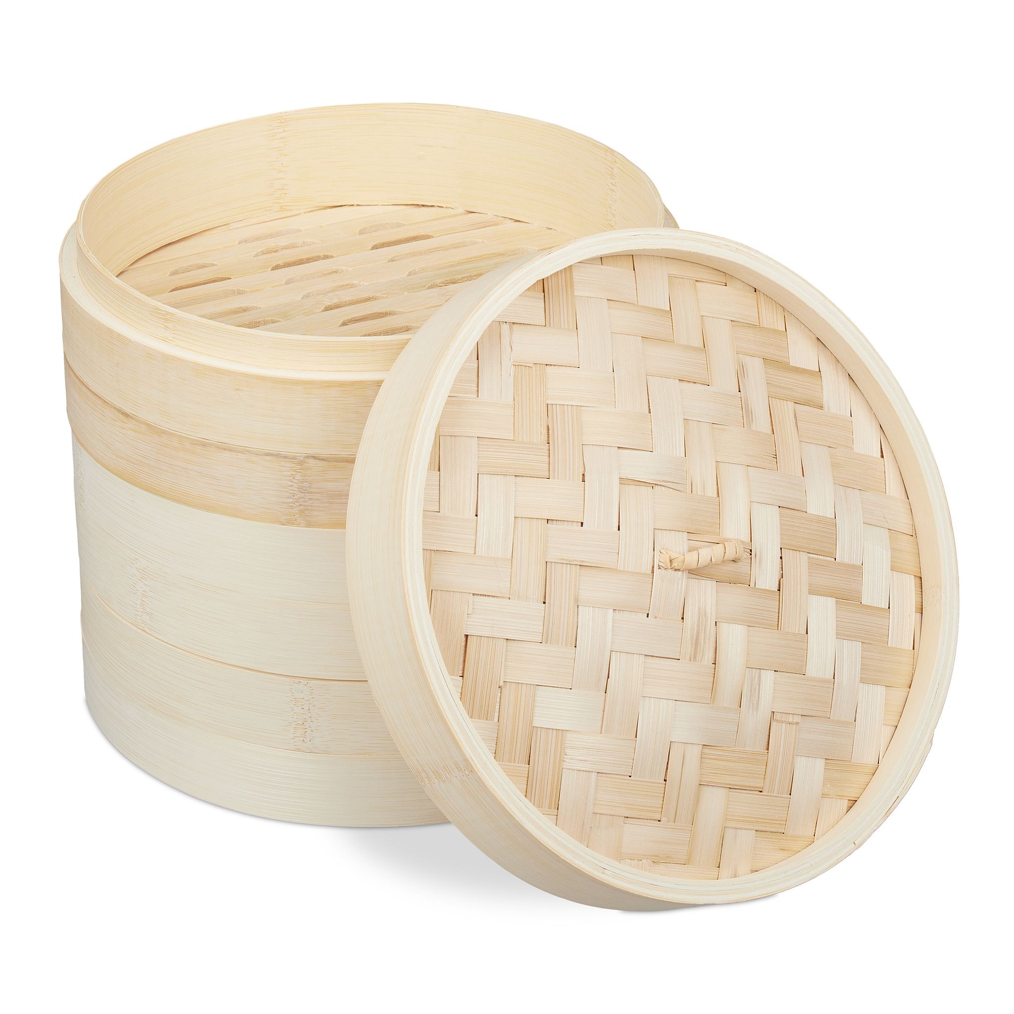 Relaxdays - Bamboo Steamer, 3 Tier, Traditional, Asian Cooker, For Rice, Dim Sum, Vegetable, Basket, Pot, Ø24cm, Natural