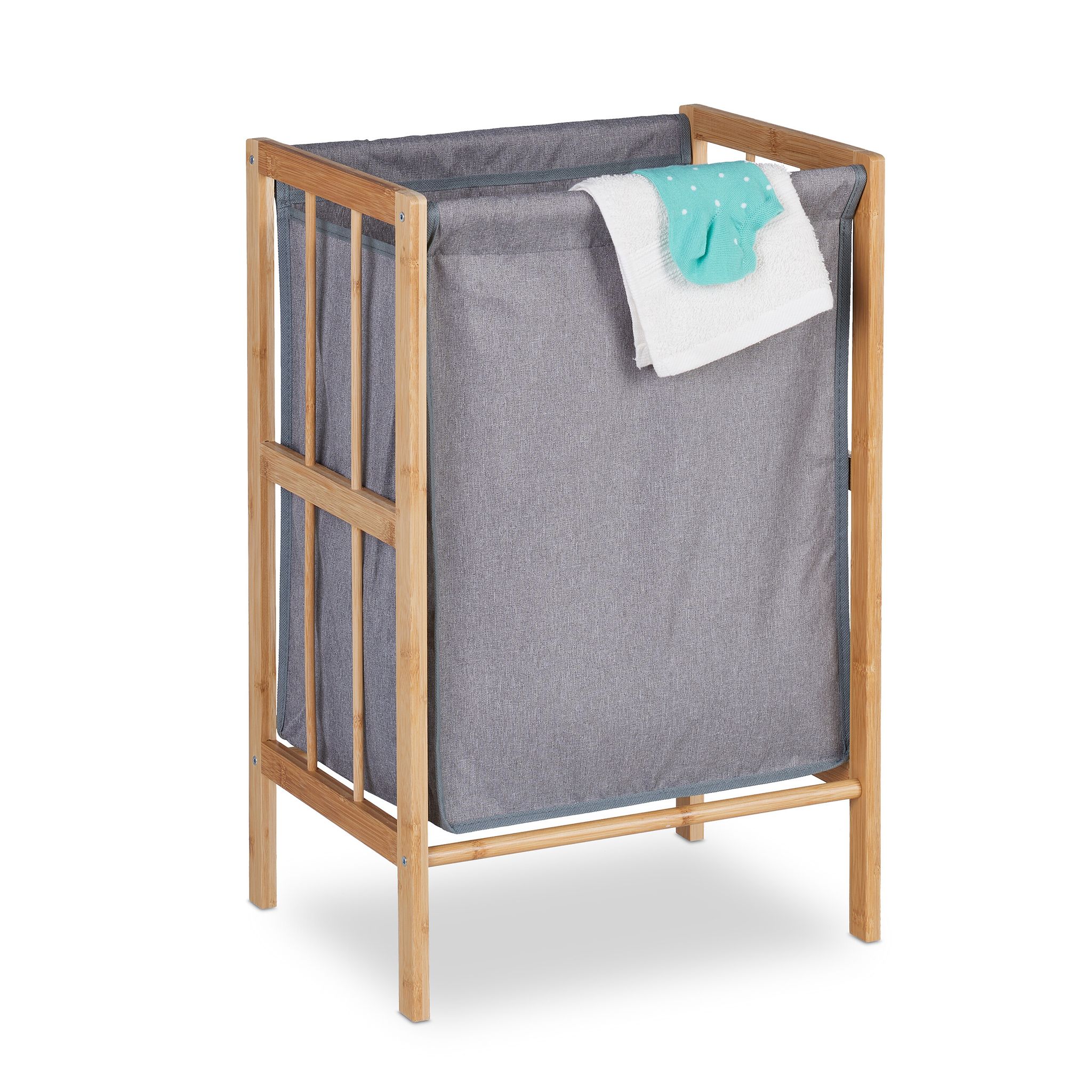 Cesto Porta Biancheria, Cestino Bambù, 60x39x30 Cm, Sacco Stoffa Per Panni Sporchi, 30 Litri, Marrone Grigio - Relaxdays